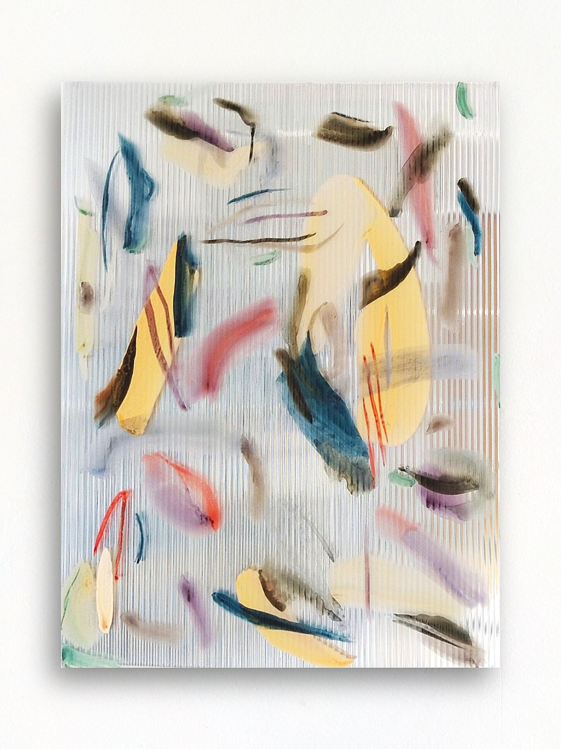   Untitled (Feather) , 2019 Gouache on polycarbonate, two-way mirror 61 x 48 cm  private collection 