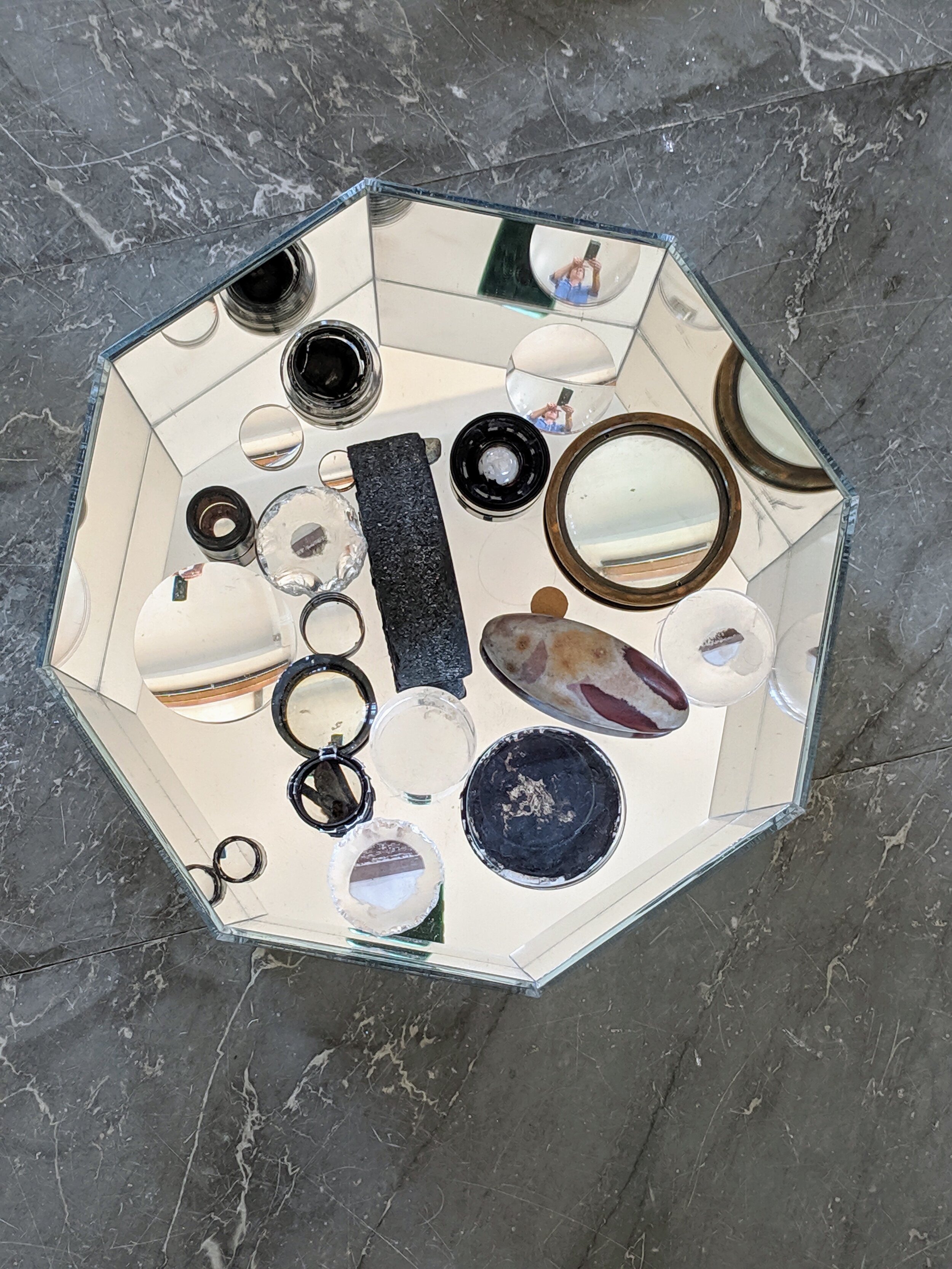   Octogarden , 2019 Mirror acrylic, glass, camera lenses, ink, gesso, moth 36 x 36 x 10 cm 