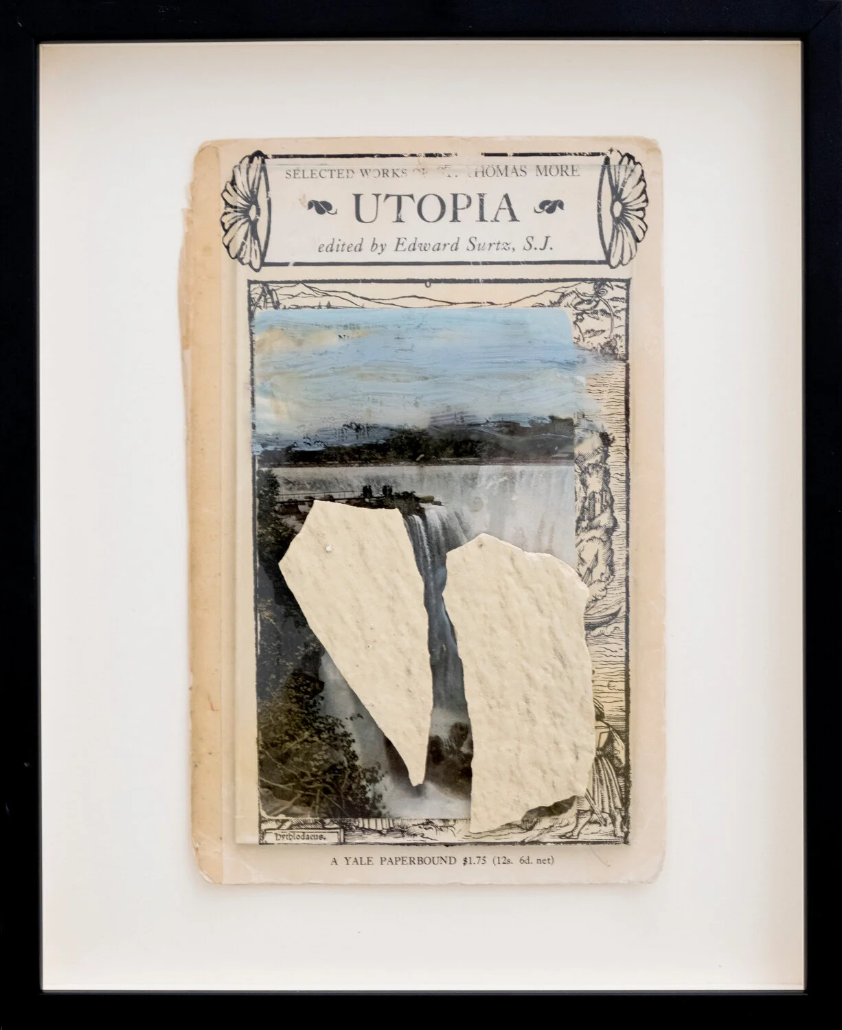   Utopia , 2019 After Thomas More ‘ Utopia ’ Book cover, postcard, fragment of wall (Cuba), oil on glass image: 20 x 13 cm ; 7 7/8 x 5 1/8 in frame: 27,5 x 22,5 x 2,5 cm ; 10 7/8 x 8 7/8 x 1 in  private collection  photo Jean Marques  