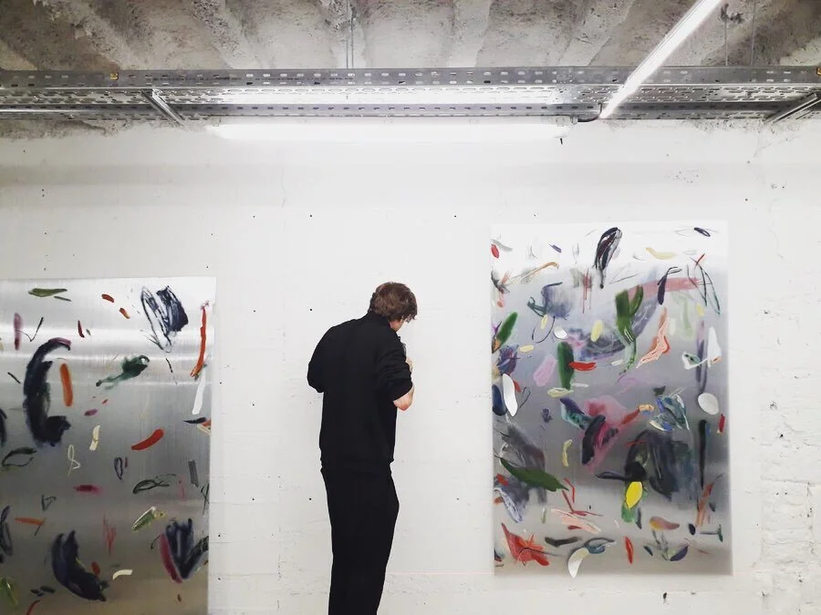  installation view   Untitled (Ampersand) , 2019 gouache, acrylic, ink on polycarbonate, two-way mirror, aluminum, threaded rods 183 x 257 cm   Concrete Blossoms , KENZO Marais, 2019   photo Thibault Bissirier  