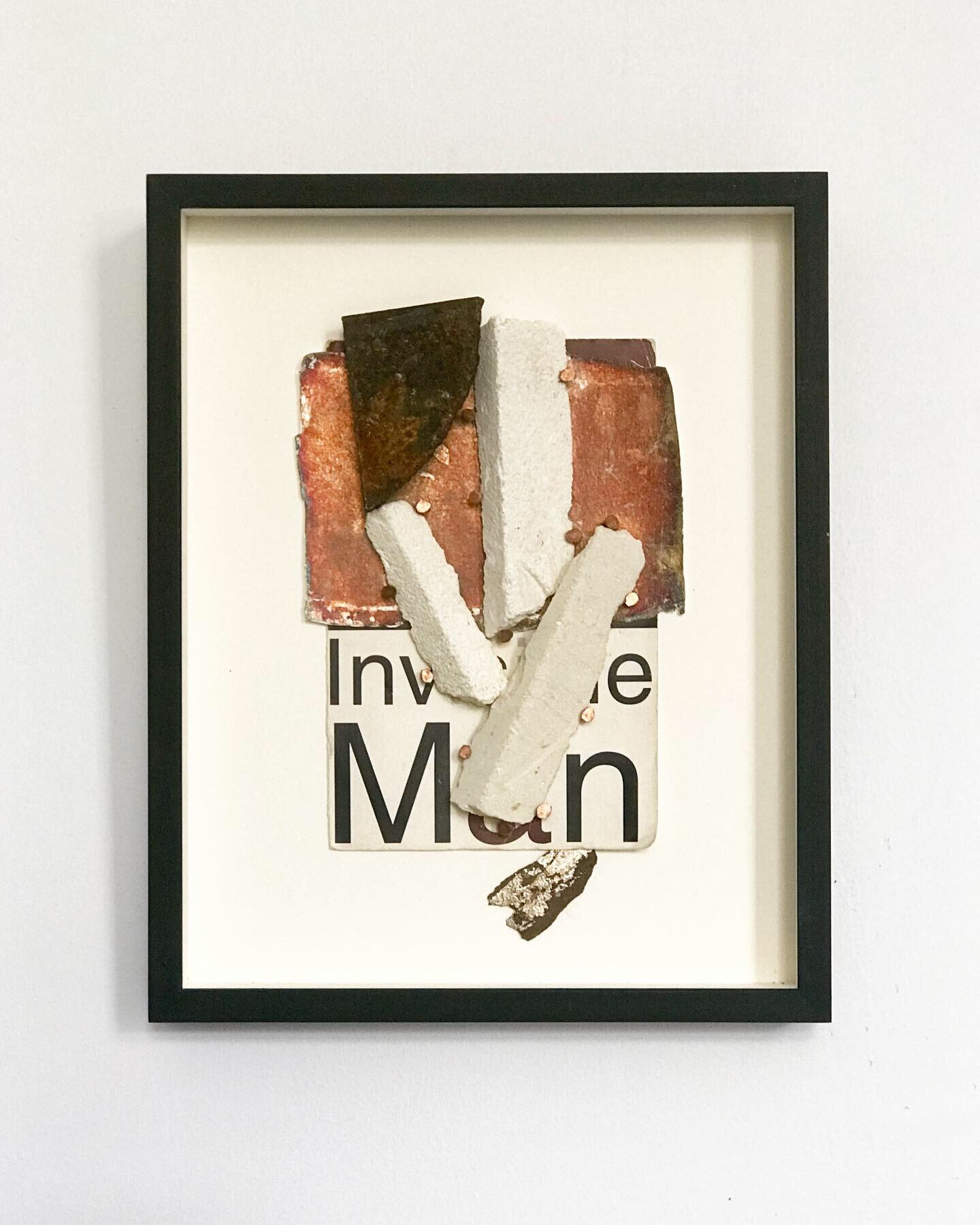   Invisible , 2020 After Ralph Ellison ‘Invisible Man’ book cover, silver leaf, paper, metal, rust, limestone, copper nails, moongold on tree bark composition: 9 1/2 x 6 in (25,5 x 15,5 cm)  frame: 13 x 10 3/8 x 1 1/2 in (33 x 26,5 x 4 cm) 