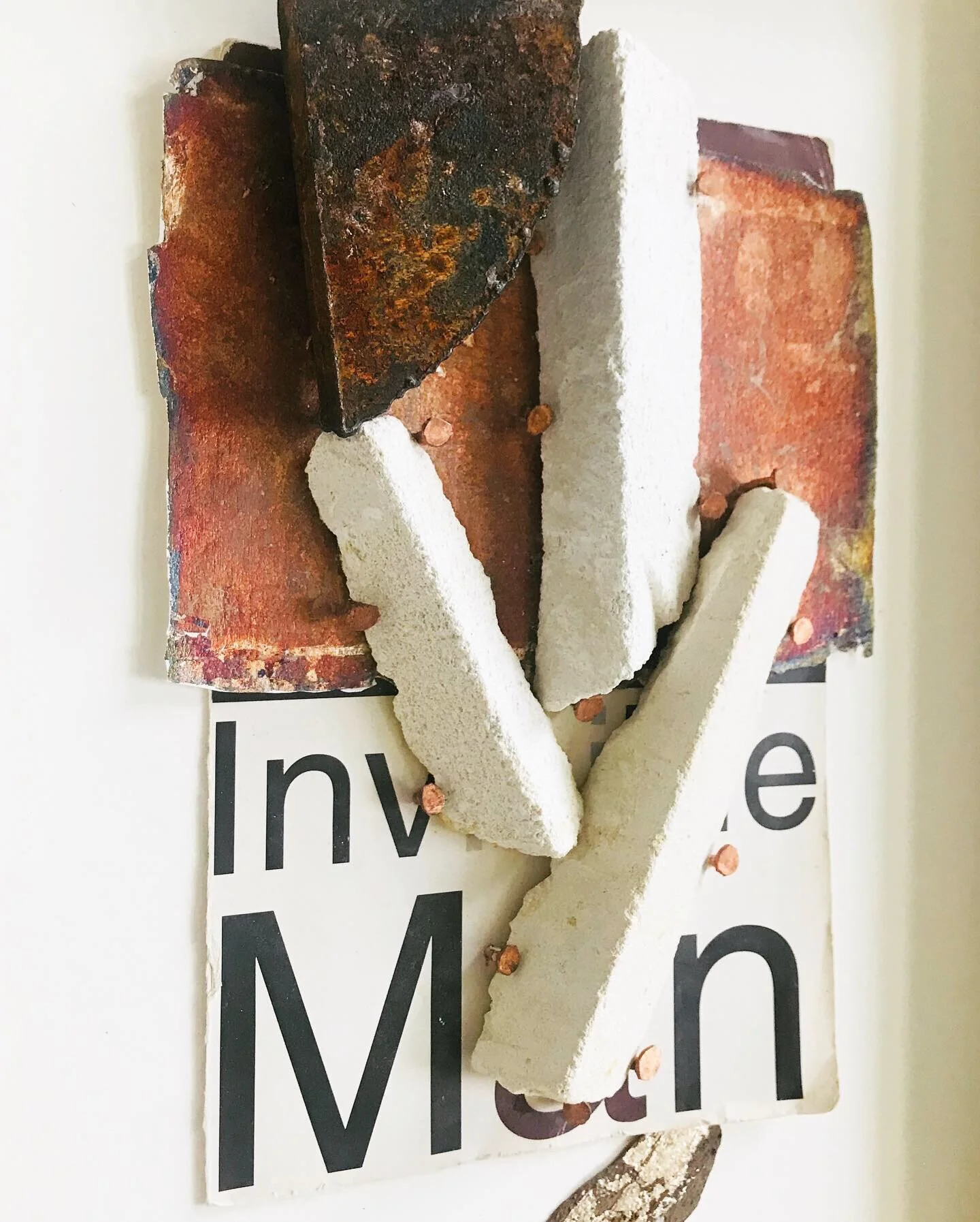   Invisible , 2020 (detail) After Ralph Ellison ‘Invisible Man’ book cover, silver leaf, paper, metal, rust, limestone, copper nails, moongold on tree bark composition: 9 1/2 x 6 in (25,5 x 15,5 cm)  frame: 13 x 10 3/8 x 1 1/2 in (33 x 26,5 x 4 cm) 