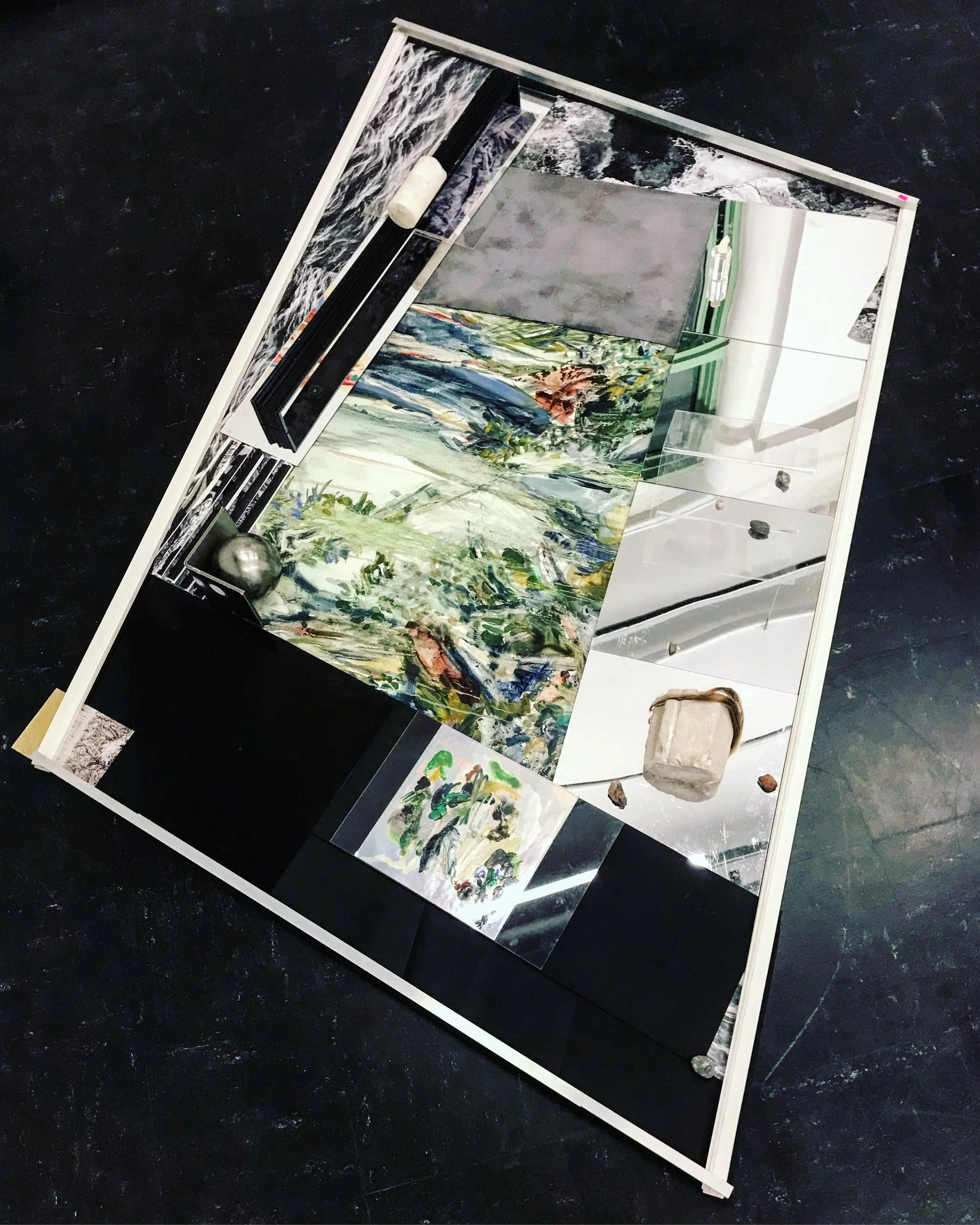   Home grown garden V , 2019 oil on canvas, oil on mylar, alabaster, limestone, hair, plexiglas, foam, lazer print, acrylic mirrors, wood, aluminium, oil on inkjet print, found metal ball dimensions variable  PS122, East Village, New York 