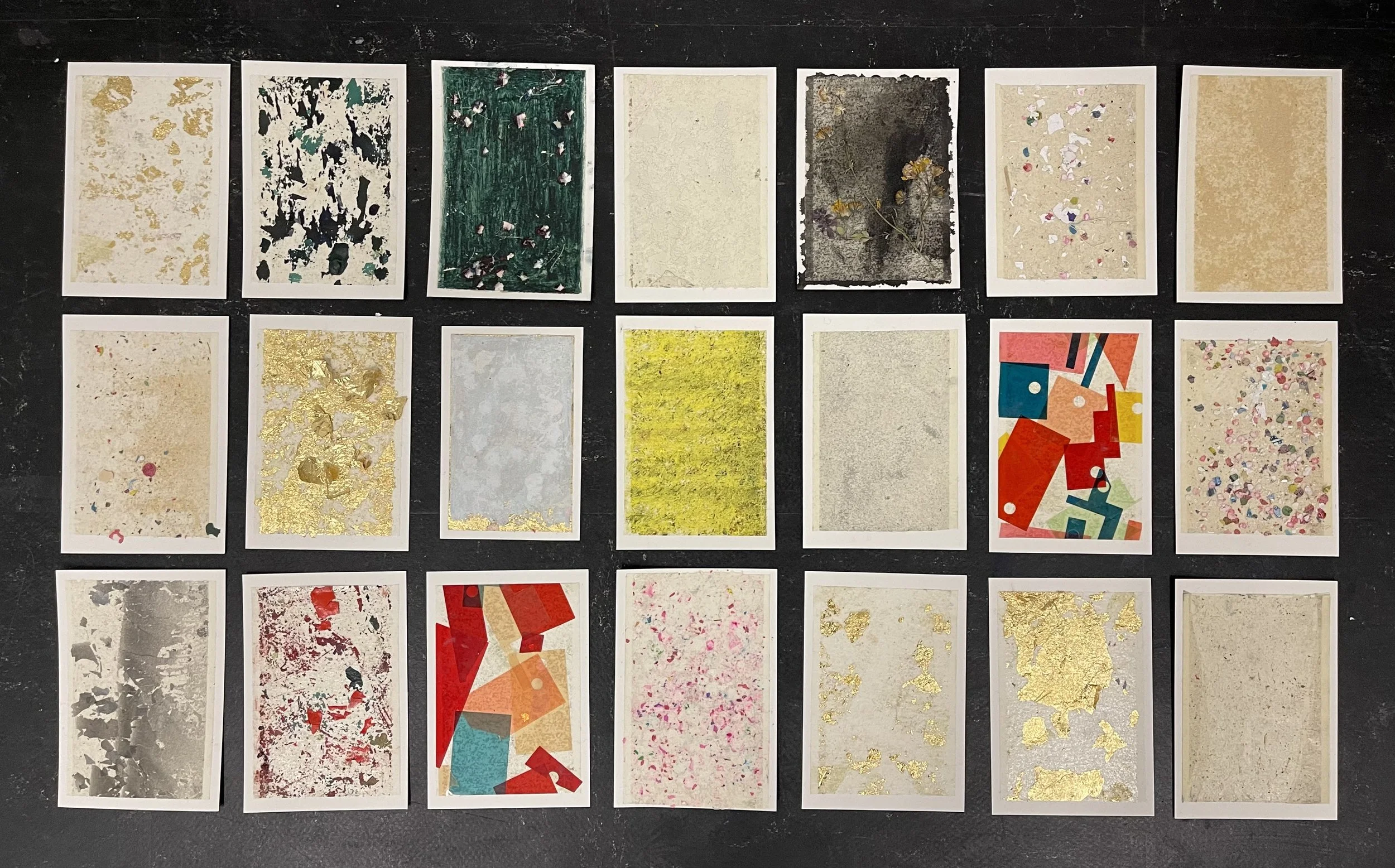   Dust Painting LXX – XC , 2017-2022  from the series ‘ Dust Paintings ’  suite of 21  mixed techniques on adhesive, mounted on paper  Each approx. sheet: 6 1/4 x 4 5/16 in. (16 x 11 cm)  composition: 5 1/2 x 3 7/8 in. (14 x 10 cm)   Private collecti