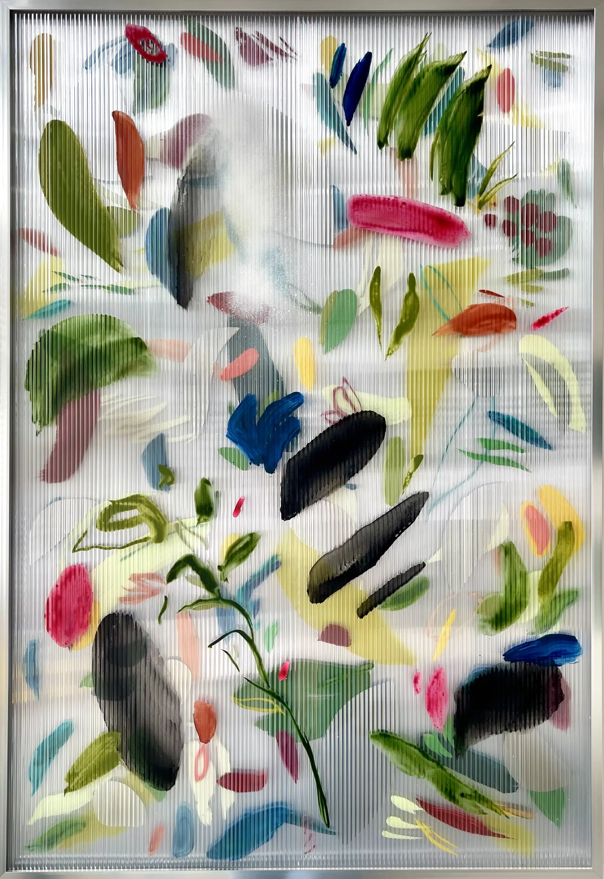 Untitled (In motion) I , 2025 ink, gouache, oil, aerosol, two-way mirror on polycarbonate, aluminum frame 35 x 24 in. (89 x 61 cm)