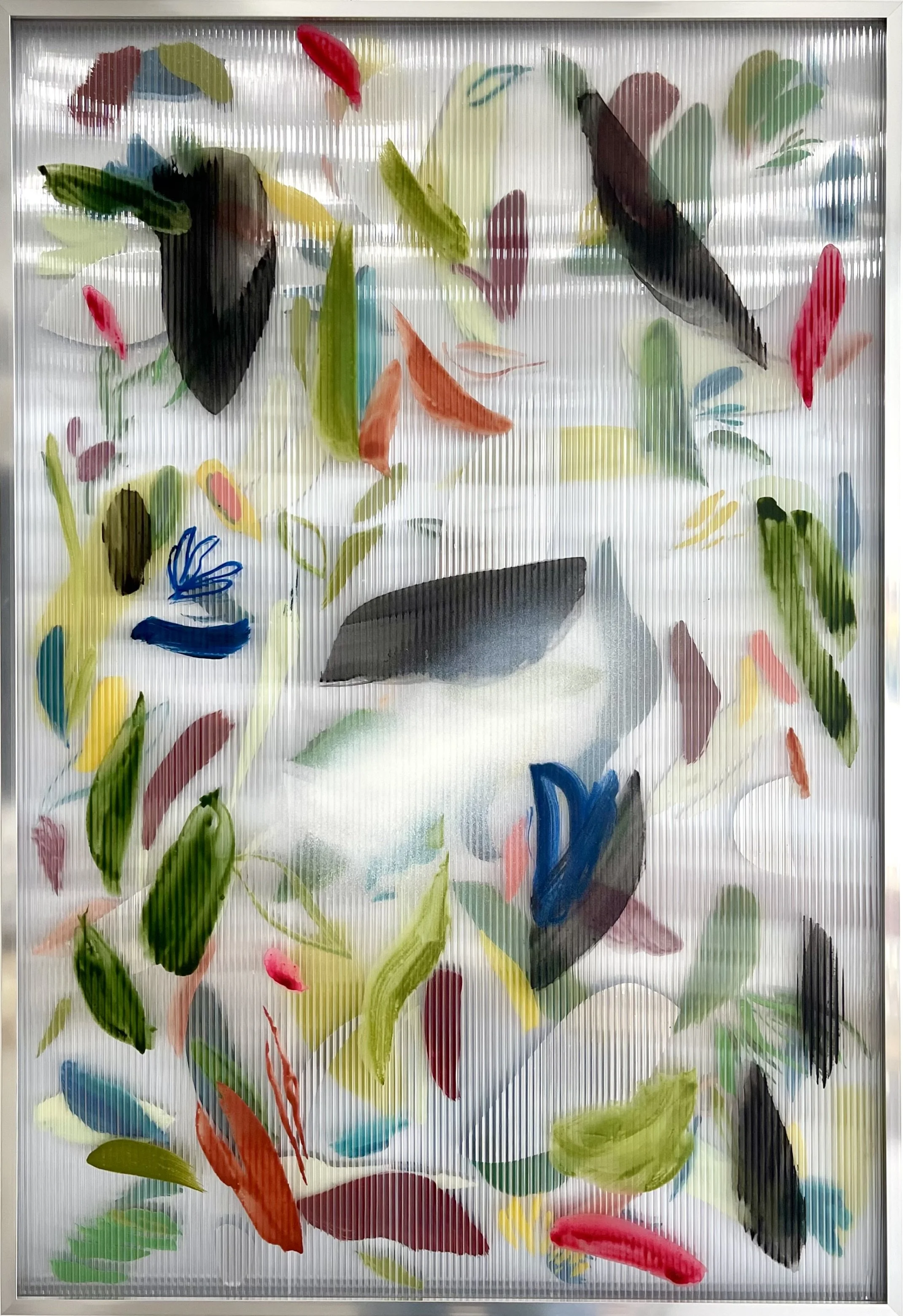 Untitled (In motion) II , 2025 ink, gouache, oil, aerosol, two-way mirror on polycarbonate, aluminum frame 35 x 24 in. (89 x 61 cm)