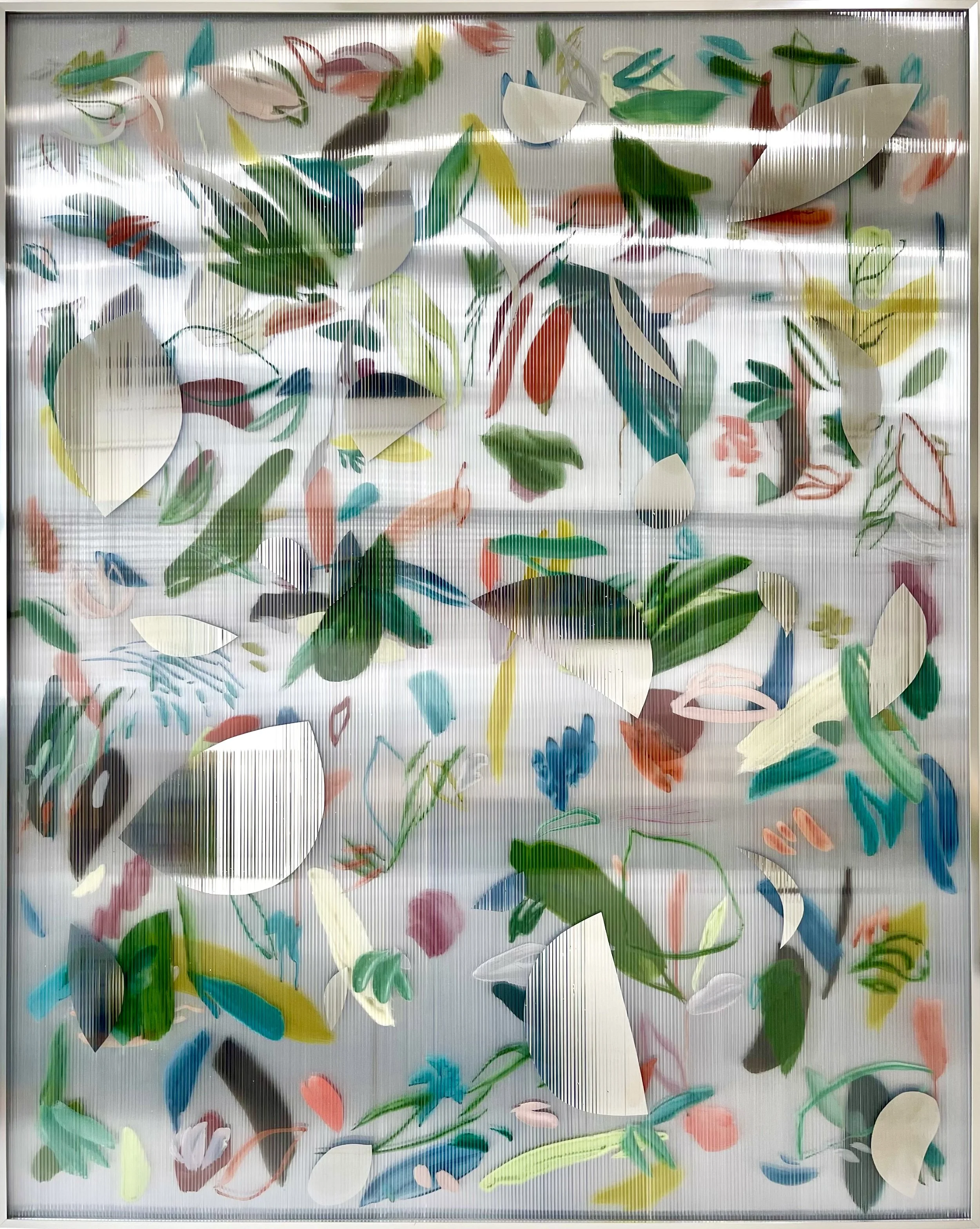 Untitled (Luminance) , 2025 ink, gouache, oil, aerosol, two-way mirror on polycarbonate 60 x 48 in. (152 x 122 cm)