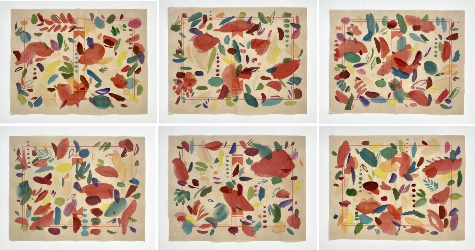   Spread XXXV-XL , 2025 From the series ‘Pages in Vermilion, Peacock blue and Emerald green’ Japanese watercolor on Chinese paper (Hunan) 32,5 x 42 cm each 