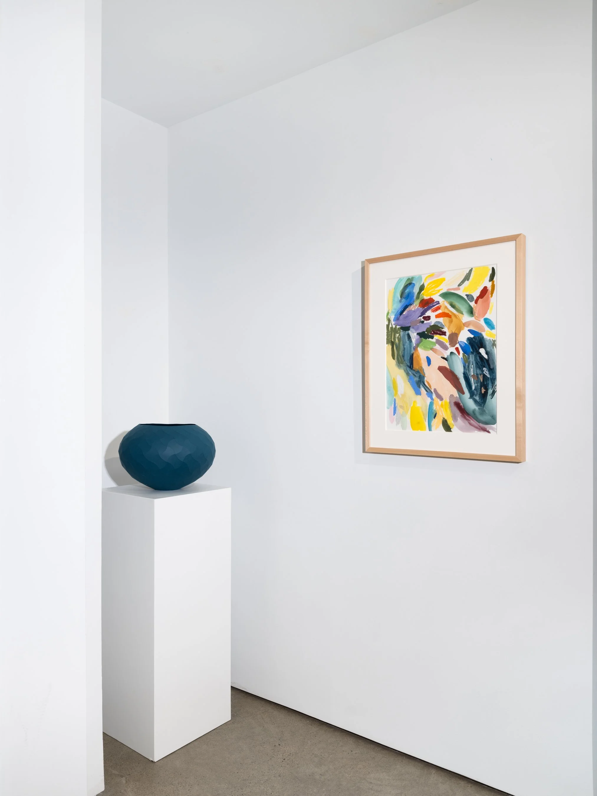   Midsummer , 2024 gouache, watercolor, oil, crayons on paper maple frame sheet: 24 x 18 in. (61 x 46 cm)  Installation view, Heather Gaudio Fine Art, 2026, photo credit: Jason Mandella 