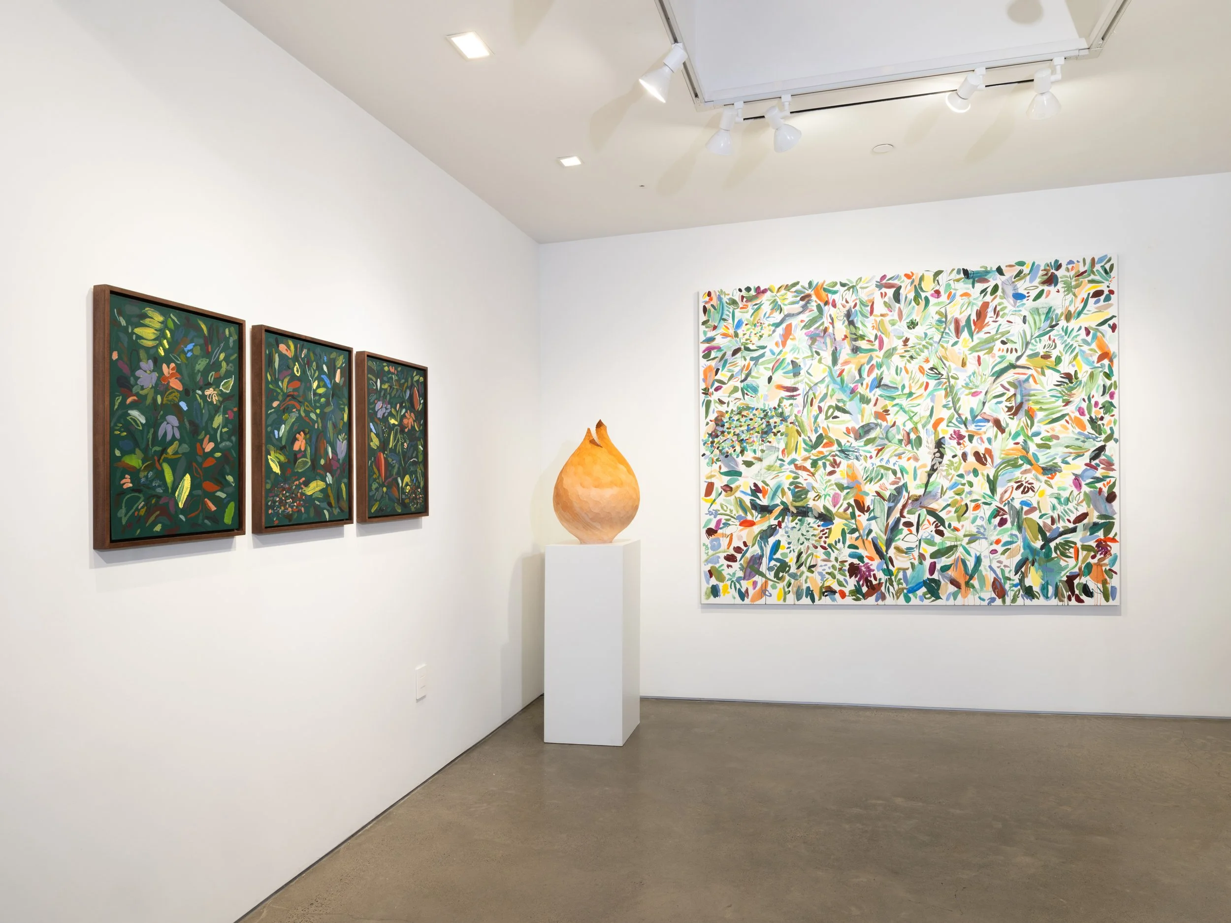   Emerald VII, VIII &amp; IX,  2024 oil on canvas board, wooden frame each 24 x 18 in. (61 x 46 cm)   Invisible Green 52 , 2025 oil on canvas 72 x 86 in. (182 x 218 cm)  Installation view, Heather Gaudio Fine Art, 2026, photo credit: Jason Mandella 