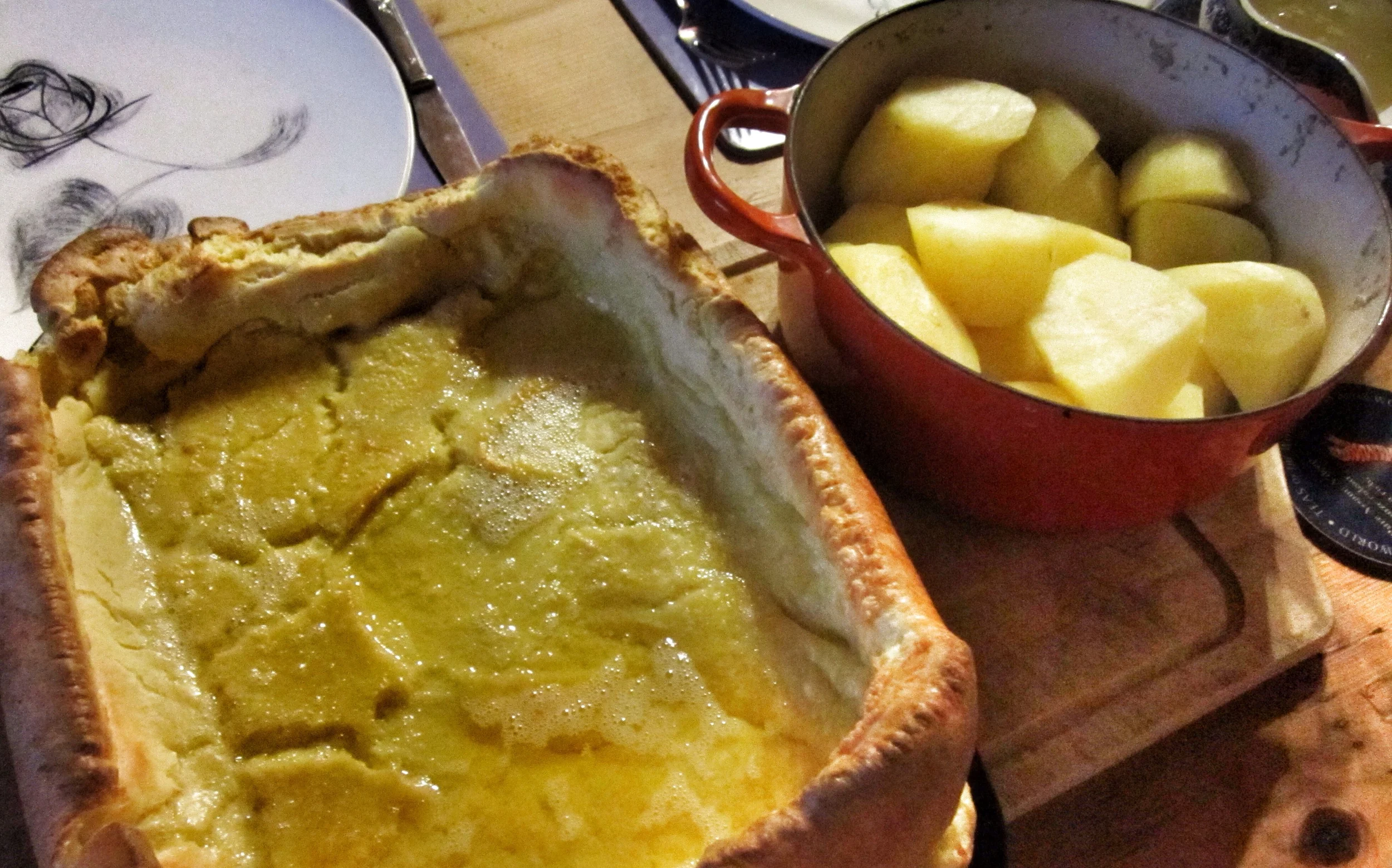 Hearty country dinner after a long day of work - Nicola was kind enough to whip up one of our new favorite things, Yorkshire Pudding!