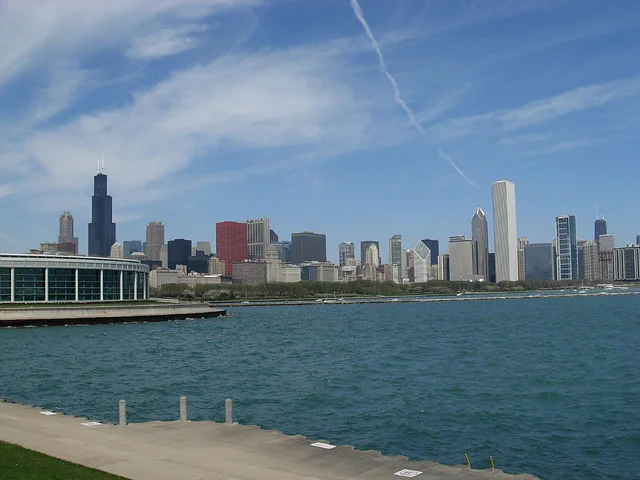 View of the Shedd Aquarium and skyline from outside the Adler Planetarium.