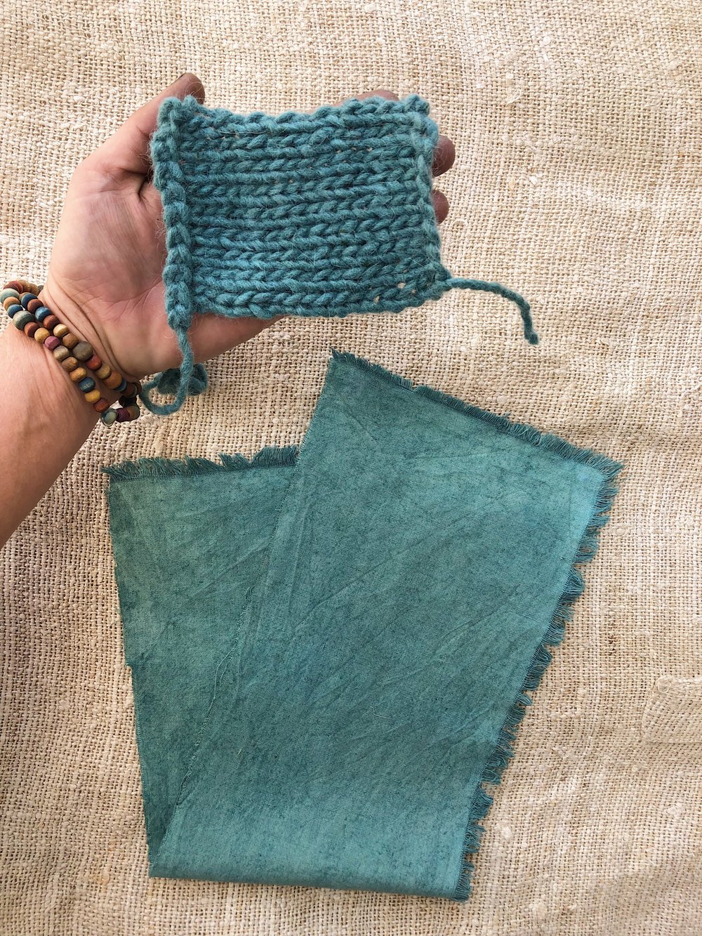   dried resulting colors of fresh leaf indigo salt rub on soymilk cured wool yarn &amp; hemp/organic cotton muslin  