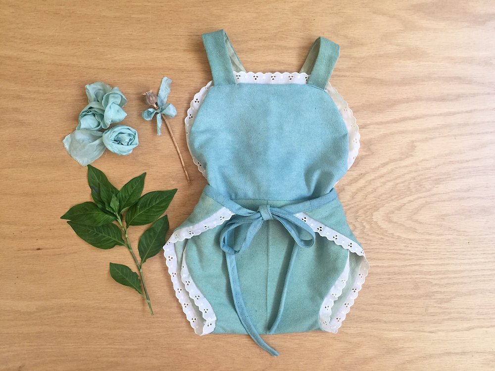  fresh leaf indigo dyed raw silk and vat dyed linen hand sewn romper for my daughter 