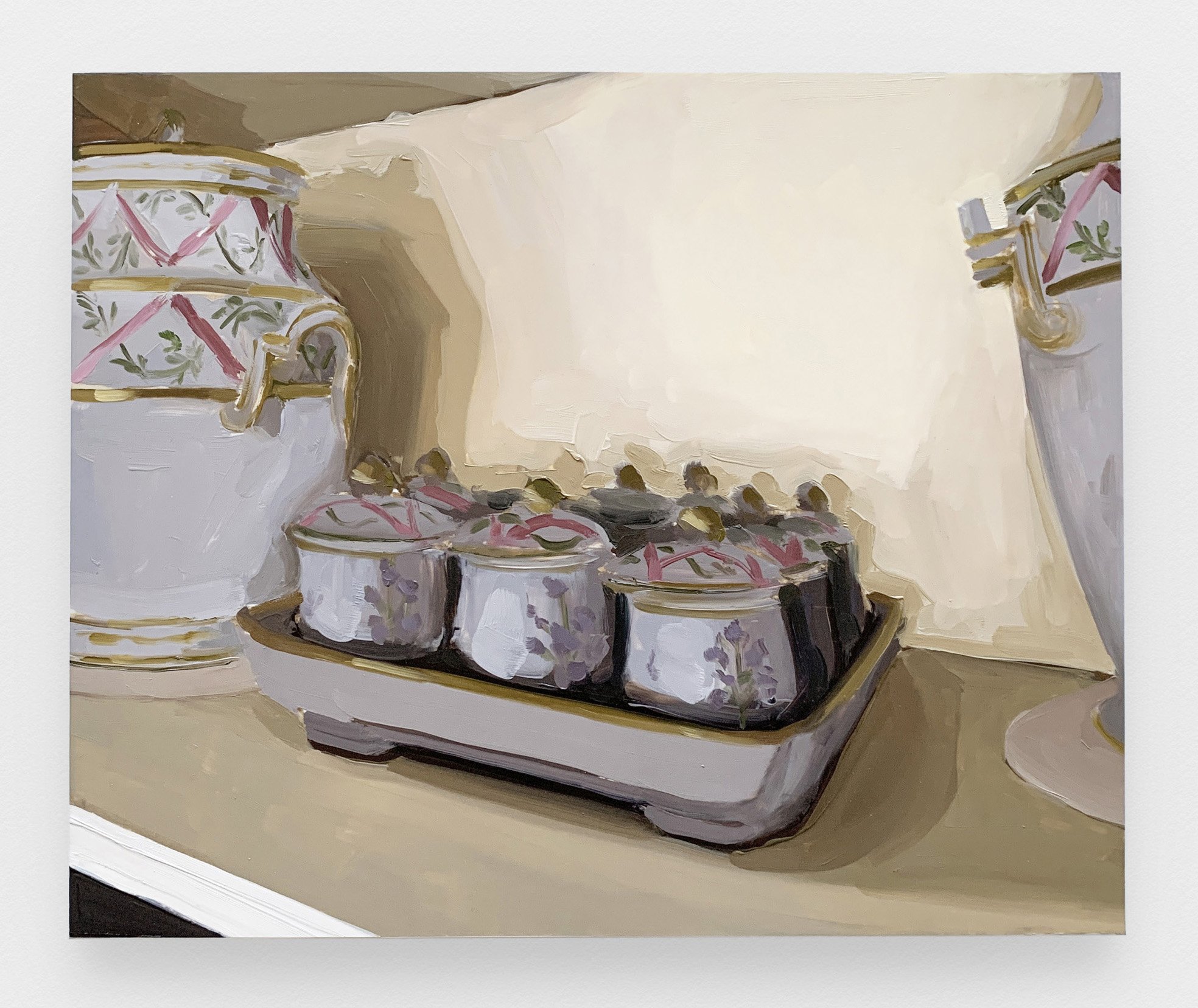  Carrie Mae Smith Pot De Crème Set On Stand 2021 Oil on Mylar mounted on panel 14h x 17w in 35.56h x 43.18w cm 