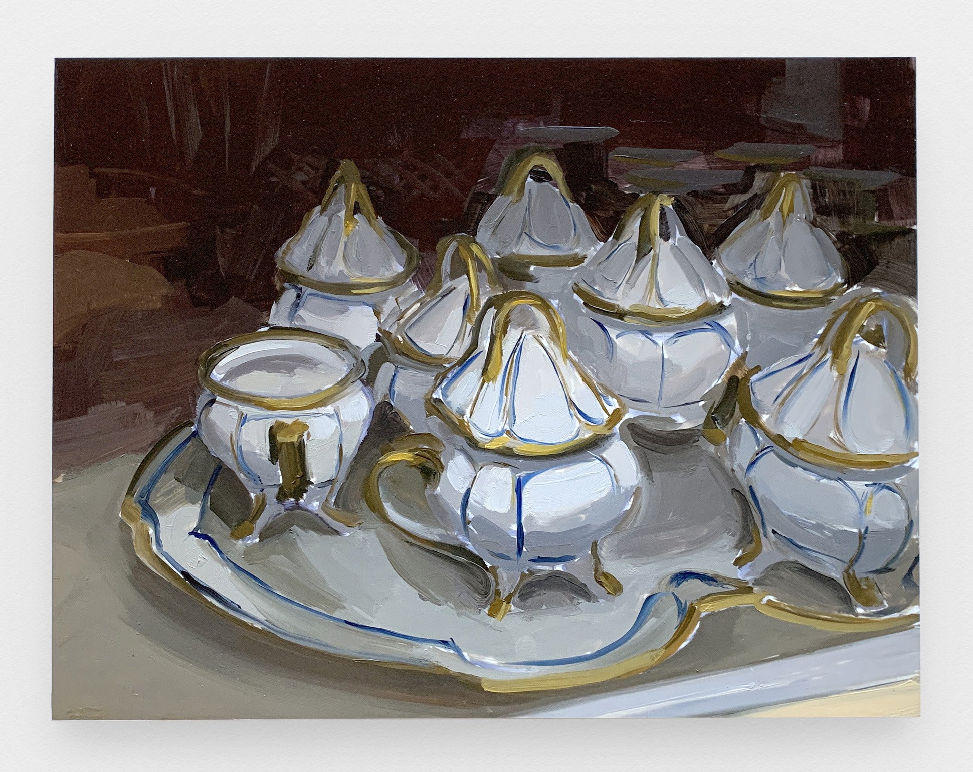 Carrie Mae Smith Pot De Crème Set 2021 Oil on Mylar mounted on panel 13h x 17w in 33.02h x 43.18w cm 