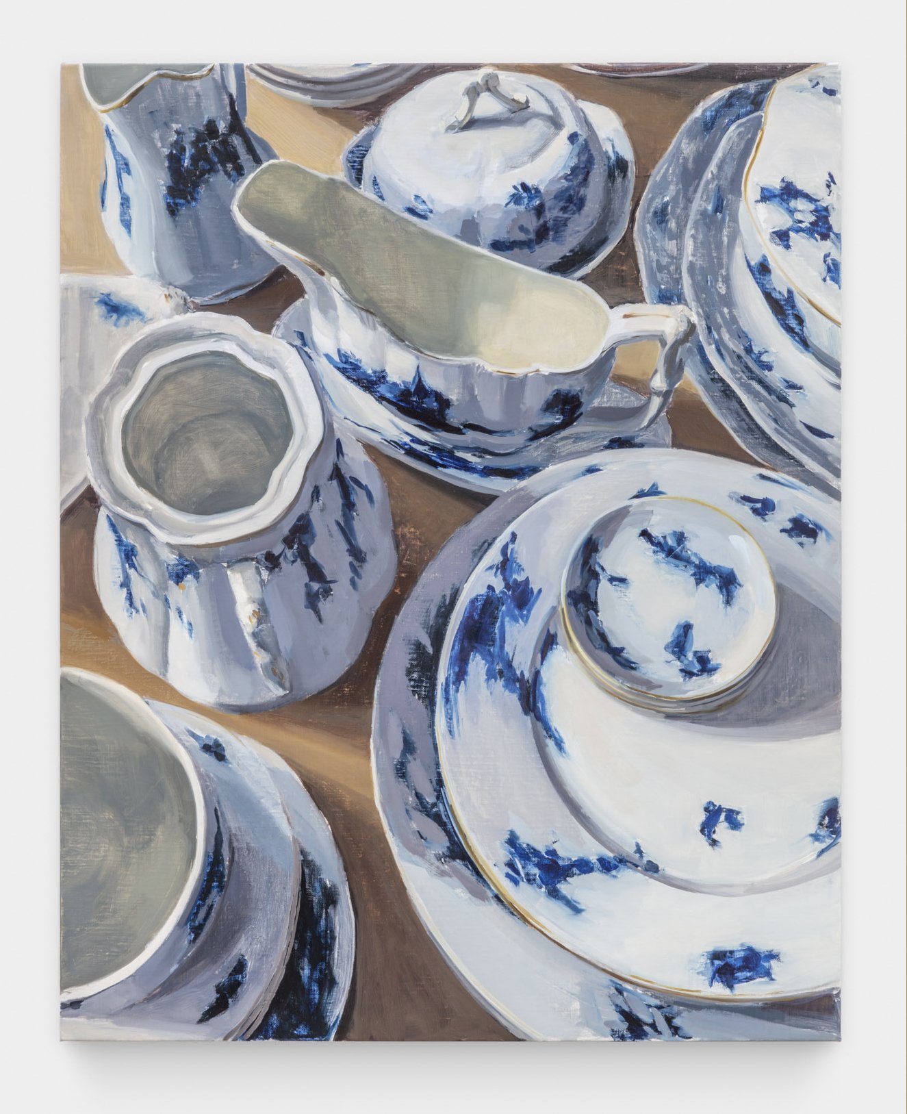 Carrie Mae Smith Arrangement with Sugar Bowl, Gravy Boat and Various Plates 2024 Oil on Linen 30h X 24w inches