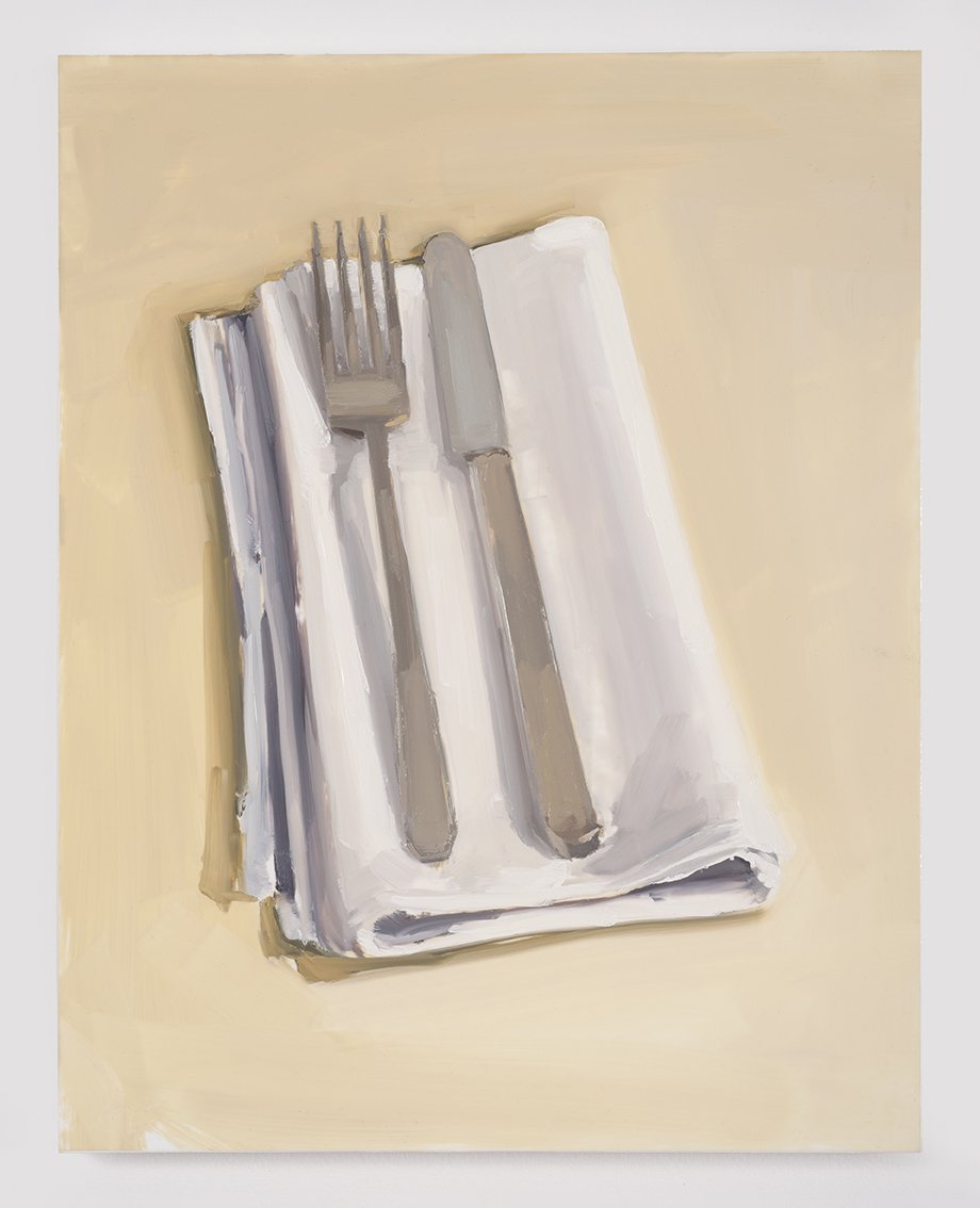 Carrie Mae Smith White Napkin, Fork and Knife 2023 Oil on mylar mounted on panel 14h x 11w inches