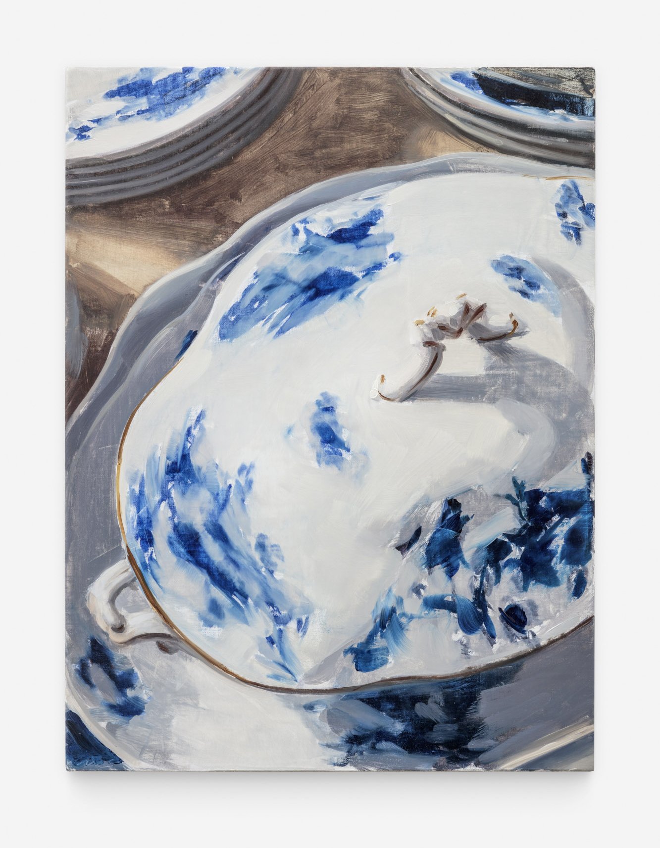 Carrie Mae Smith Covered Vegetable Dish (Flow Blue, Rose Pattern) 2024 Oil on Linen 16h X 12 w inches