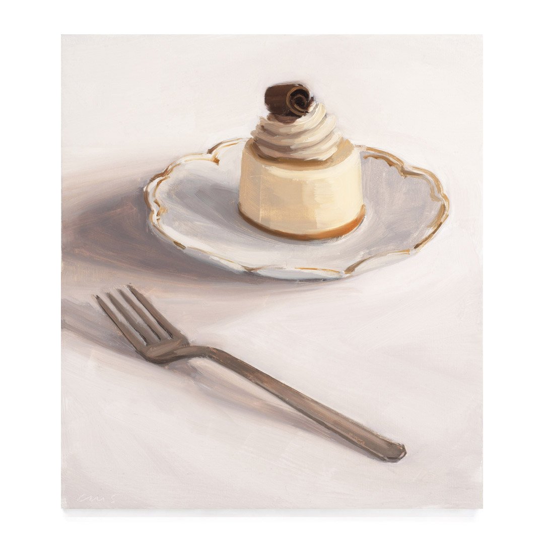 Carrie Mae Smith Cheesecake with Chocolate Curl and Cream 2024 Oil on panel 9h X 8w inches