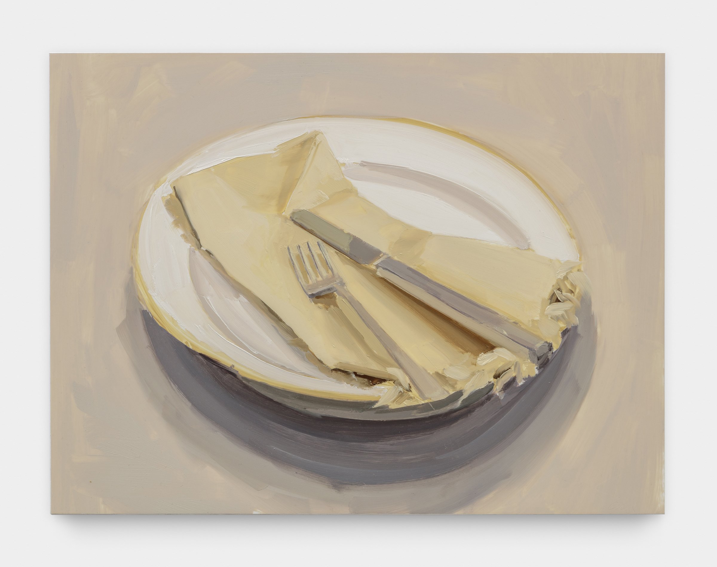 Carrie Mae Smith Fork, Knife and Yellow Napkin on Gold Rimmed Plate 2024 Oil on mylar mounted on panel 12h X 16w inches