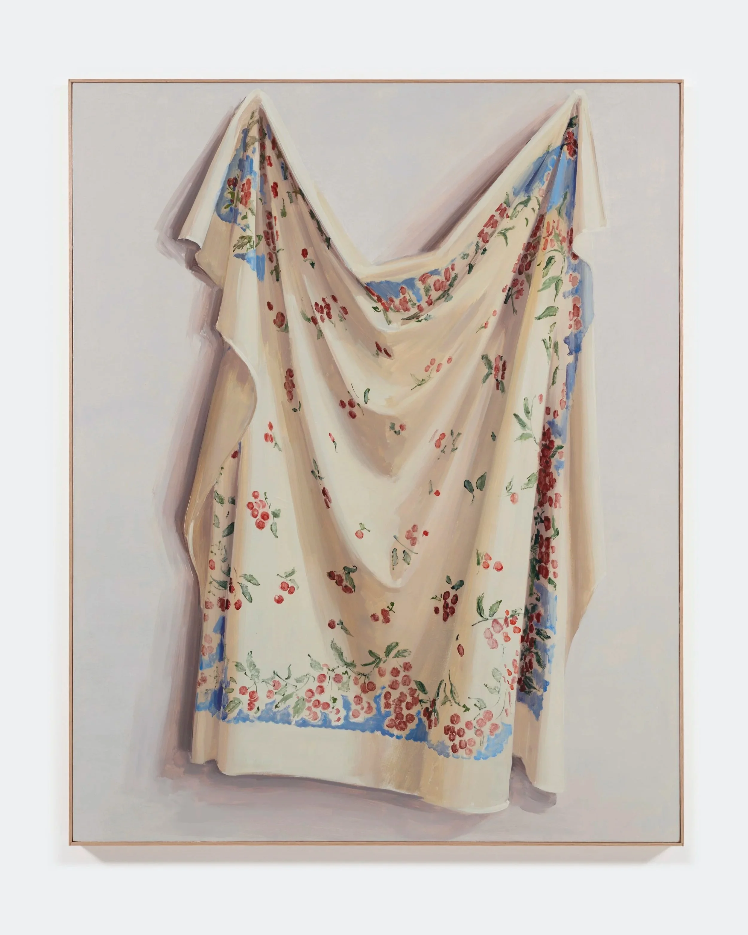 Carrie Mae Smith Cherries, Draped Tablecloth 2025 Oil on canvas 60h X 48w inches