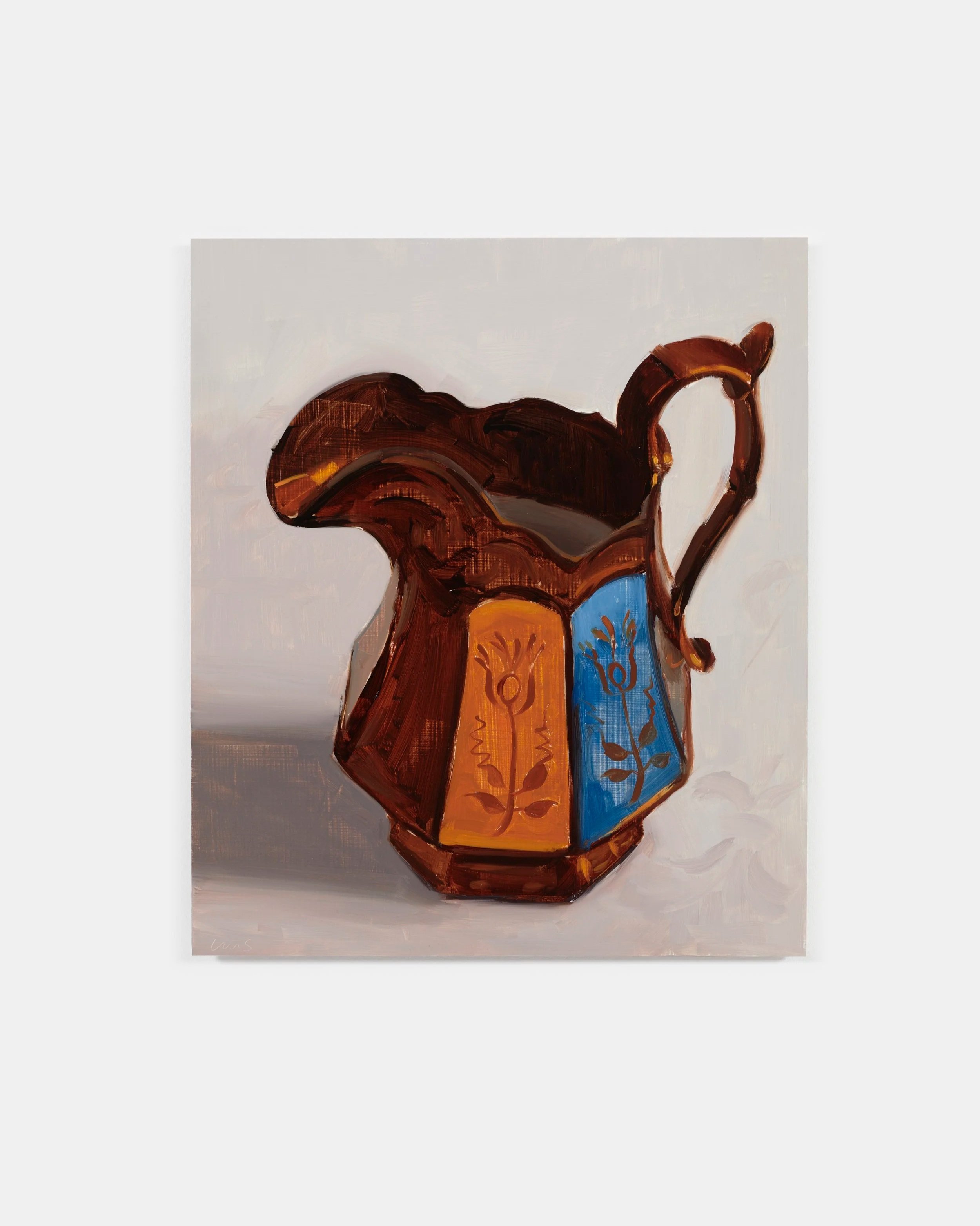  Carrie Mae Smith Lusterware Pitcher with Orange and Blue Flowers 2025 Oil on aluminum 14h X 12w inches 
