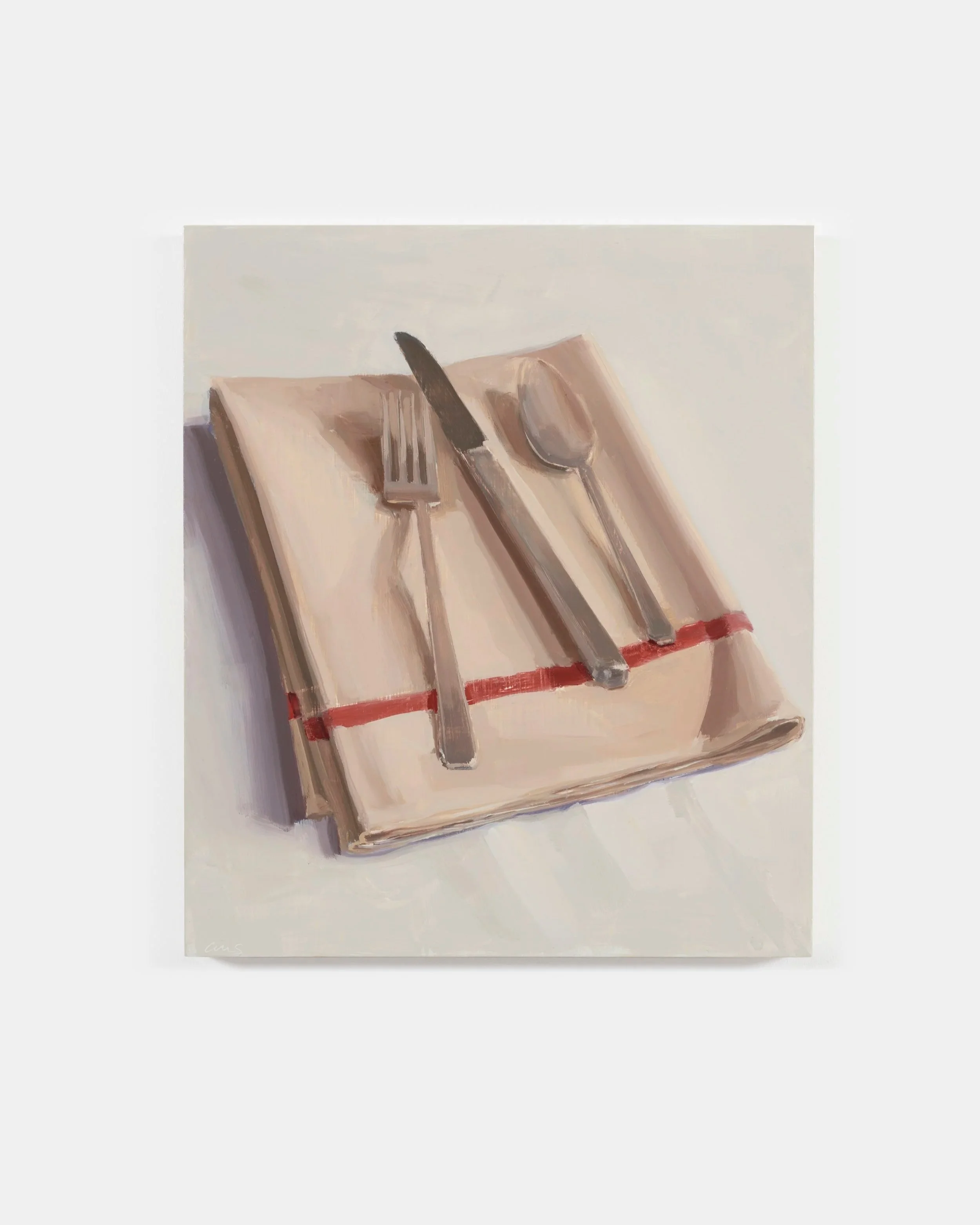  Carrie Mae Smith Fork, Knife and Spoon on Tea Towel 2025 Oil on panel 14h X 12w inches 