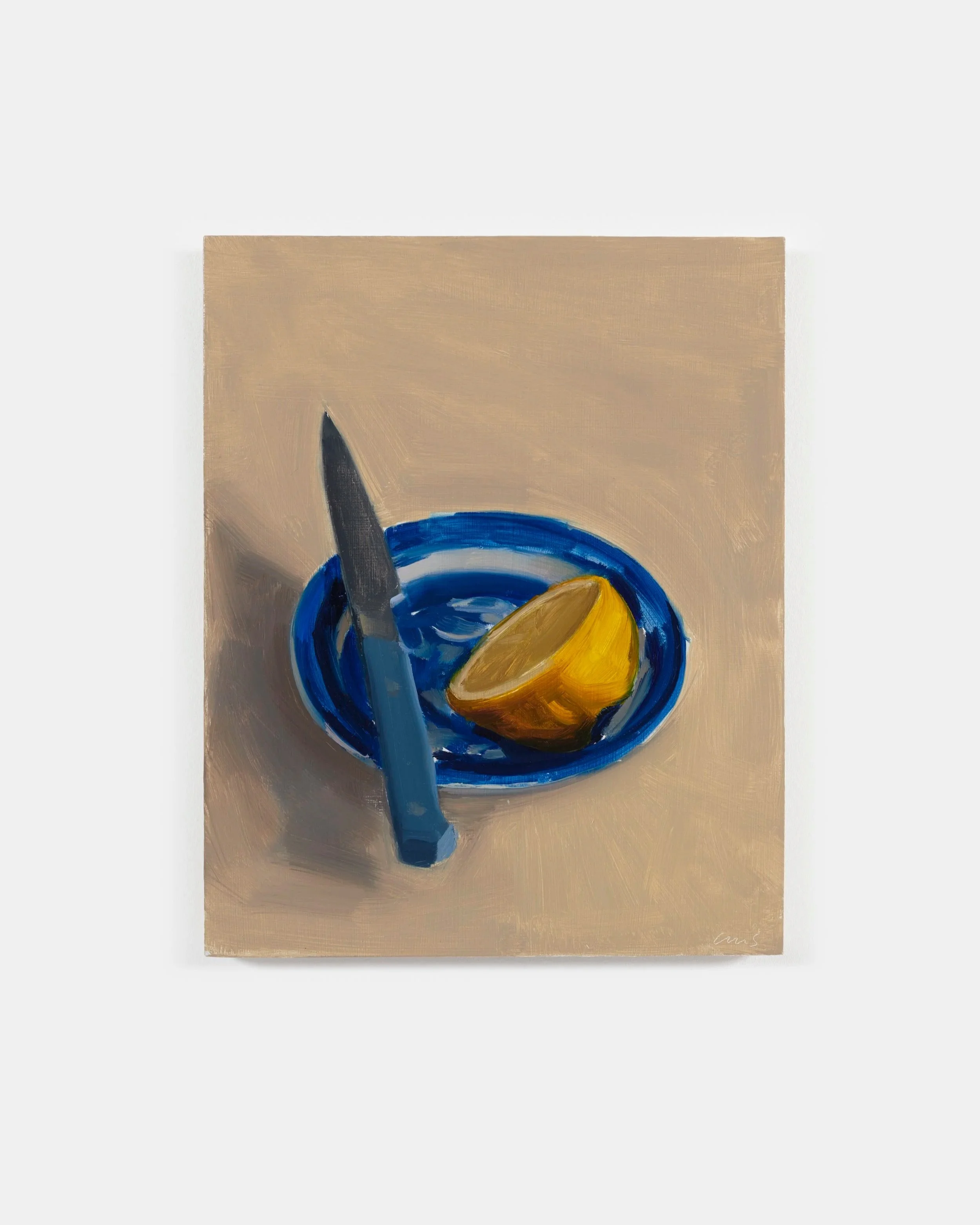  Carrie Mae Smith Lemon in Blue Willow Bowl with Knife 2025 Oil on panel 10h X 8w inches 