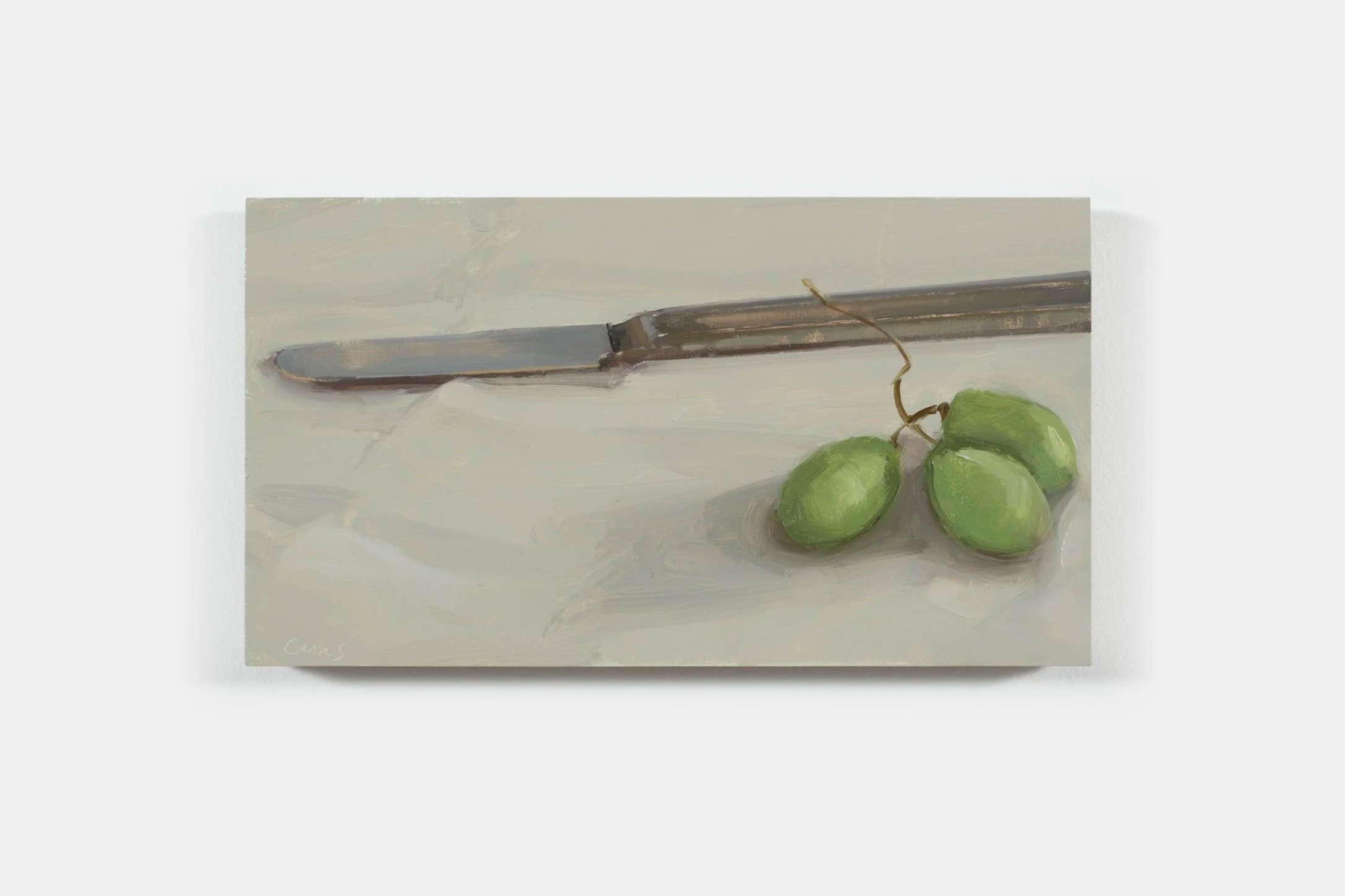  Carrie Mae Smith  Butter Knife and Grapes  2026 Oil on panel 5.5h X 10w inches 