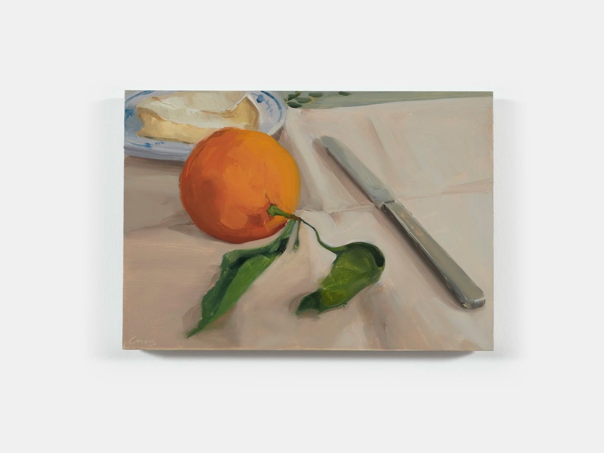  Carrie Mae Smith  Orange, Knife and Camembert  2026 Oil on panel 7h X 10w inches 