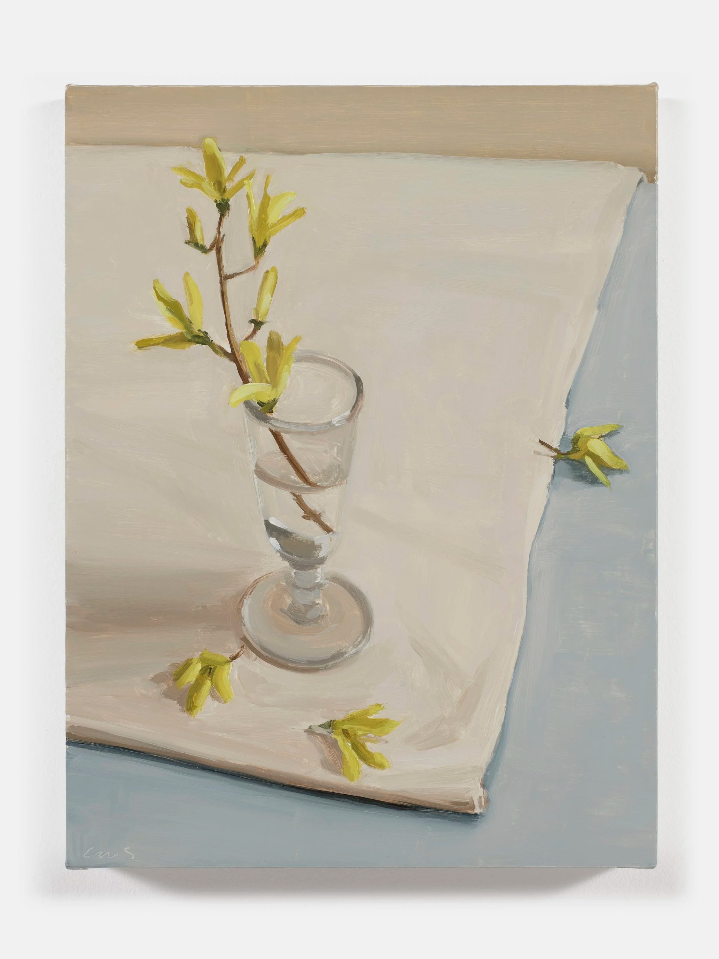  Carrie Mae Smith Forsythia Branch on Linen 2026 Oil on linen 12h X 9w inches 