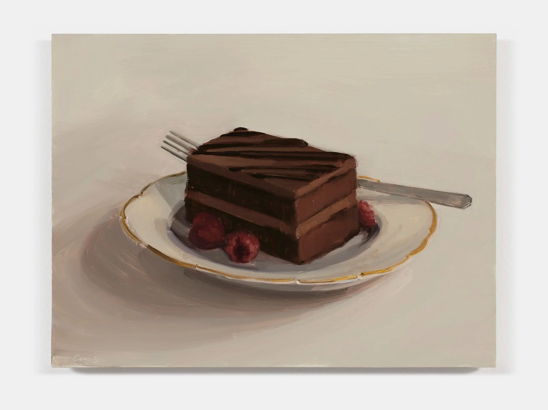  Carrie Mae Smith Chocolate Cake with Raspberries and Fork 2026 Oil on panel 9h X 12w inches 