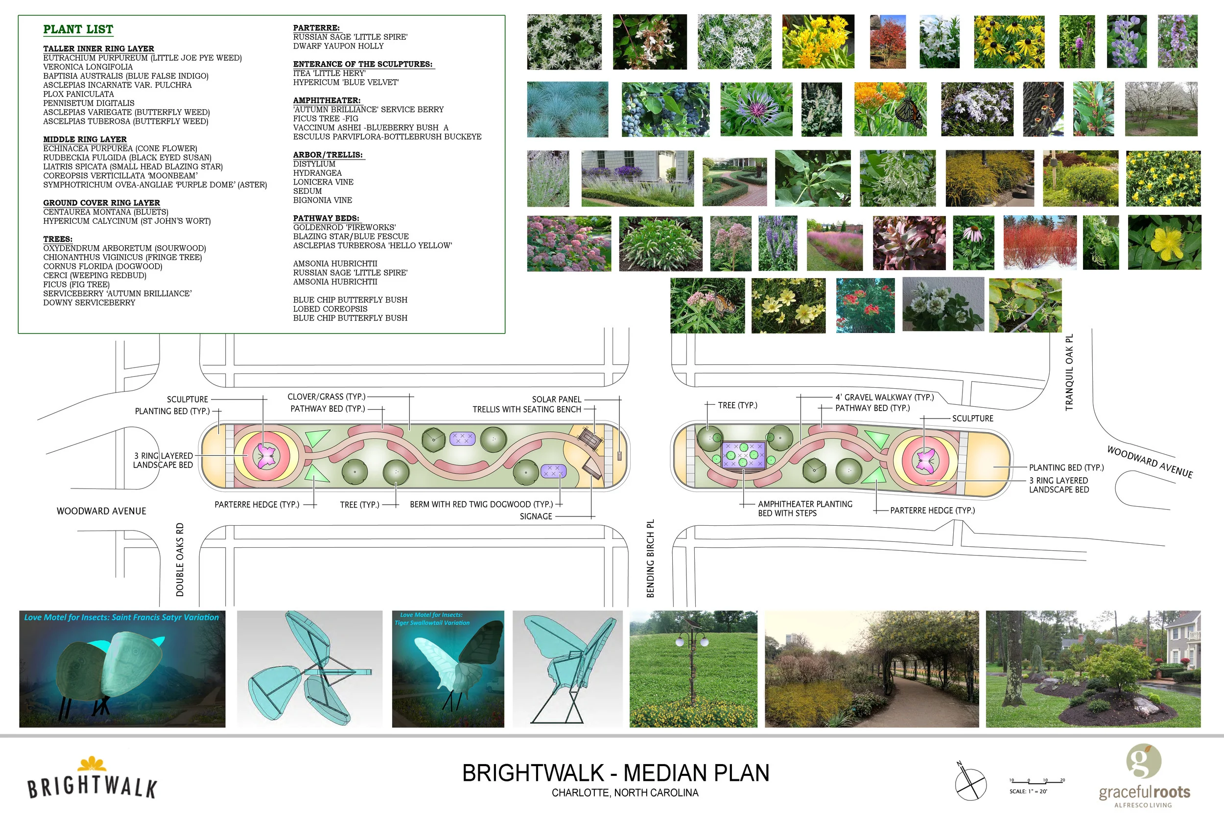 Proposed deadspace landscape design for Charlotte community, BrightWalk. Native Plants and NYC artist's sculpture used to attract pollinators. 