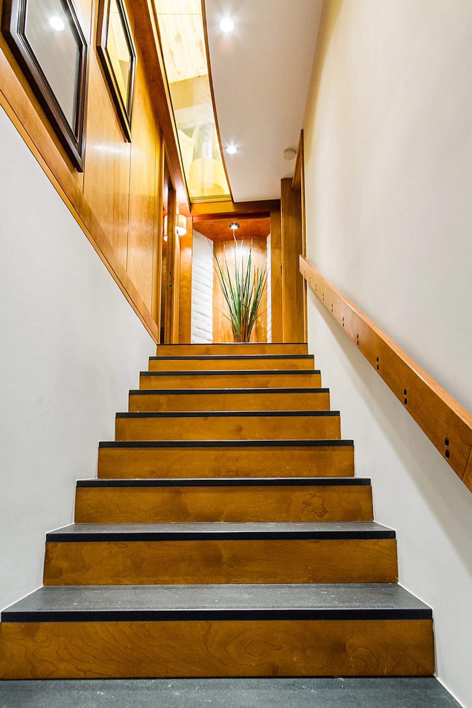 New slate stair treads with birch risers.