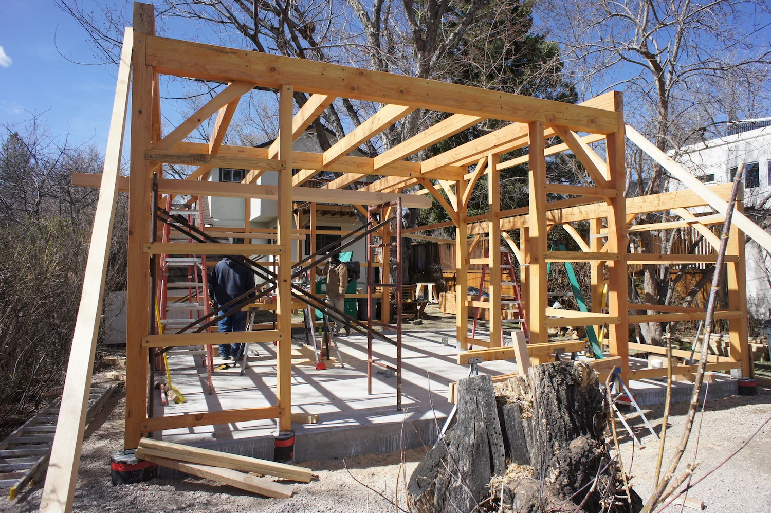 Posts and beams connect with tenons and pegs.