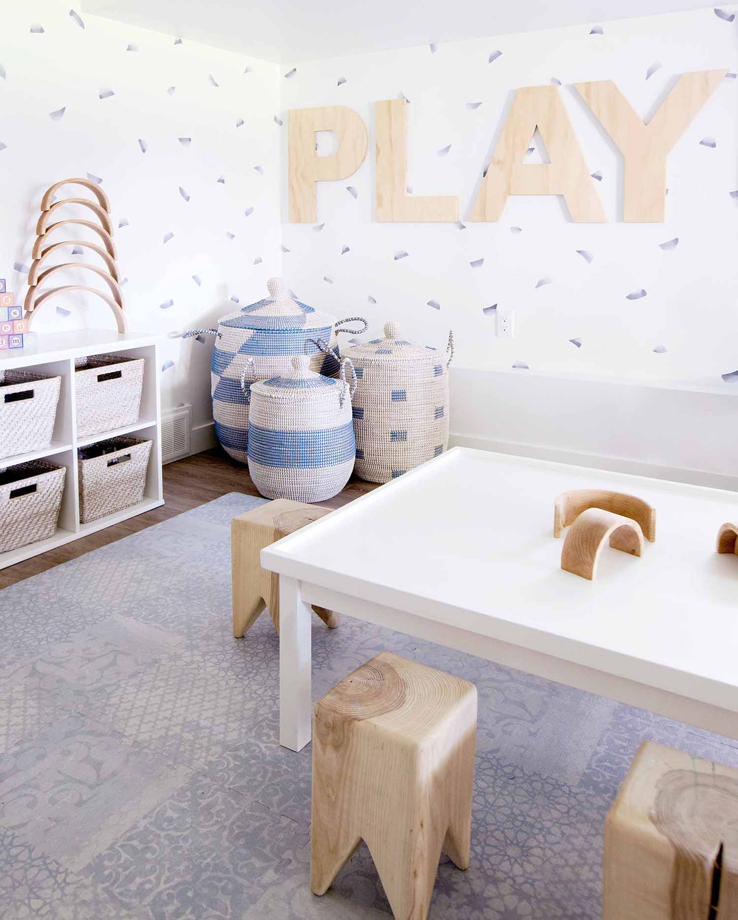 neutral basement playroom with decals