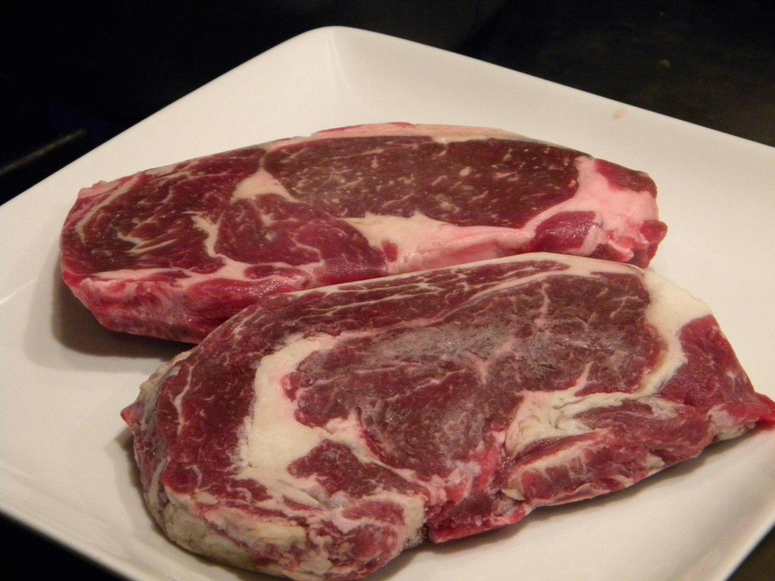 Steaks - only partially defrosted to ensure a medium rare center