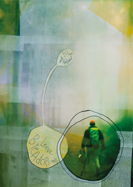"Leave Breadcrumbs" by Kelly O'Brien (2014). Mixed media print on paper, 70 x 50 cm.