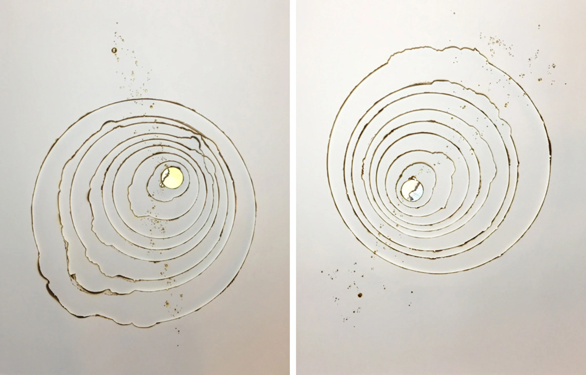 Kelly M. O'Brien, Playing With Fire No. 14 and No. 15 . Paper, gold leaf, flame. 30 x 24 inches each. ©2015.