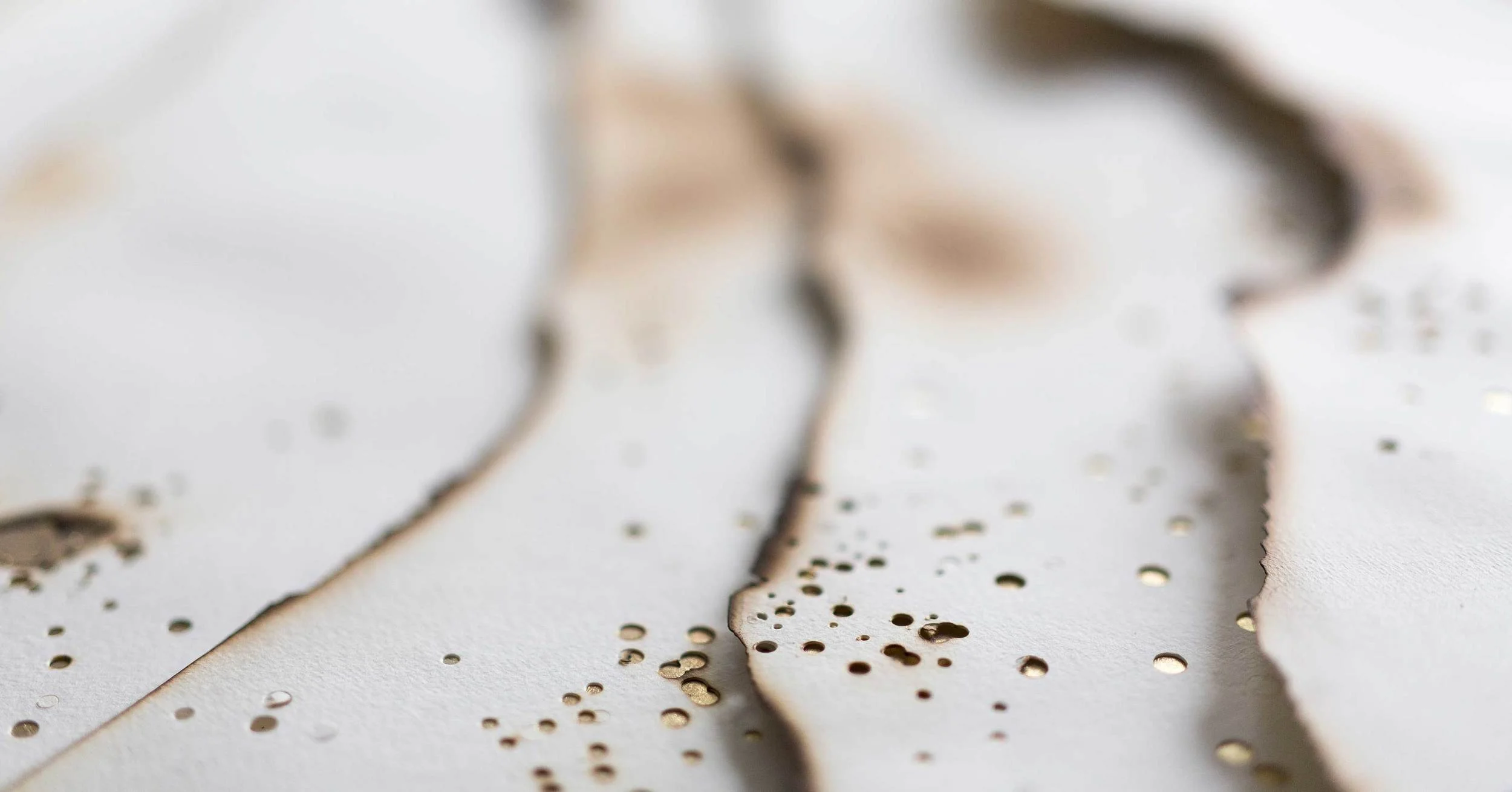 Kelly M. O'Brien, Playing With Fire No. 26 (Place 2) , detail. Paper, gold leaf, ink, flame. 35.5 x 29 x 2.65 inches. ©2016. Commissioned for The Address Boulevard Dubai, Dubai, UAE