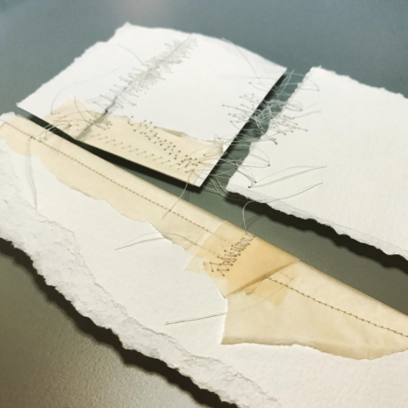 Kelly M. O'Brien, Mending | Tending No. 6 detail . Paper, thread. 15 x 15 x 2.5 inches box framed. ©2017