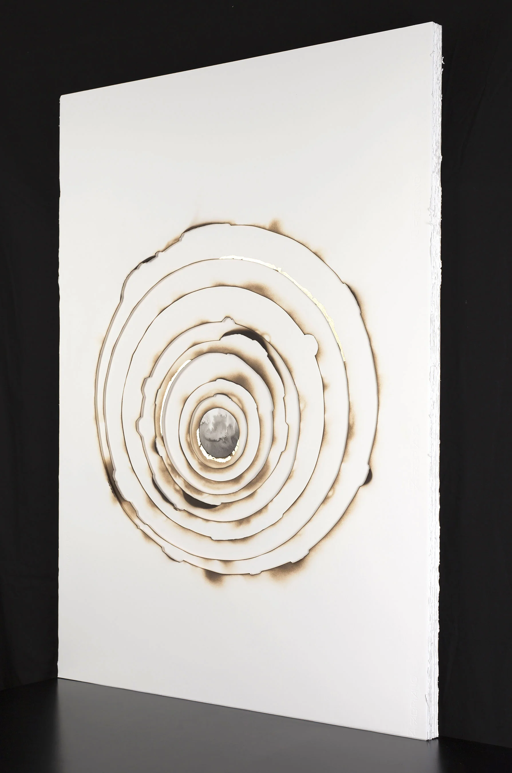 Kelly M. O'Brien, Playing With Fire No. 67 . Paper, gold leaf, ink, flame. 40 x 28 x 1 inches. ©2017. Commissioned for Mt. Nicholson Show Flat, Hong Kong.