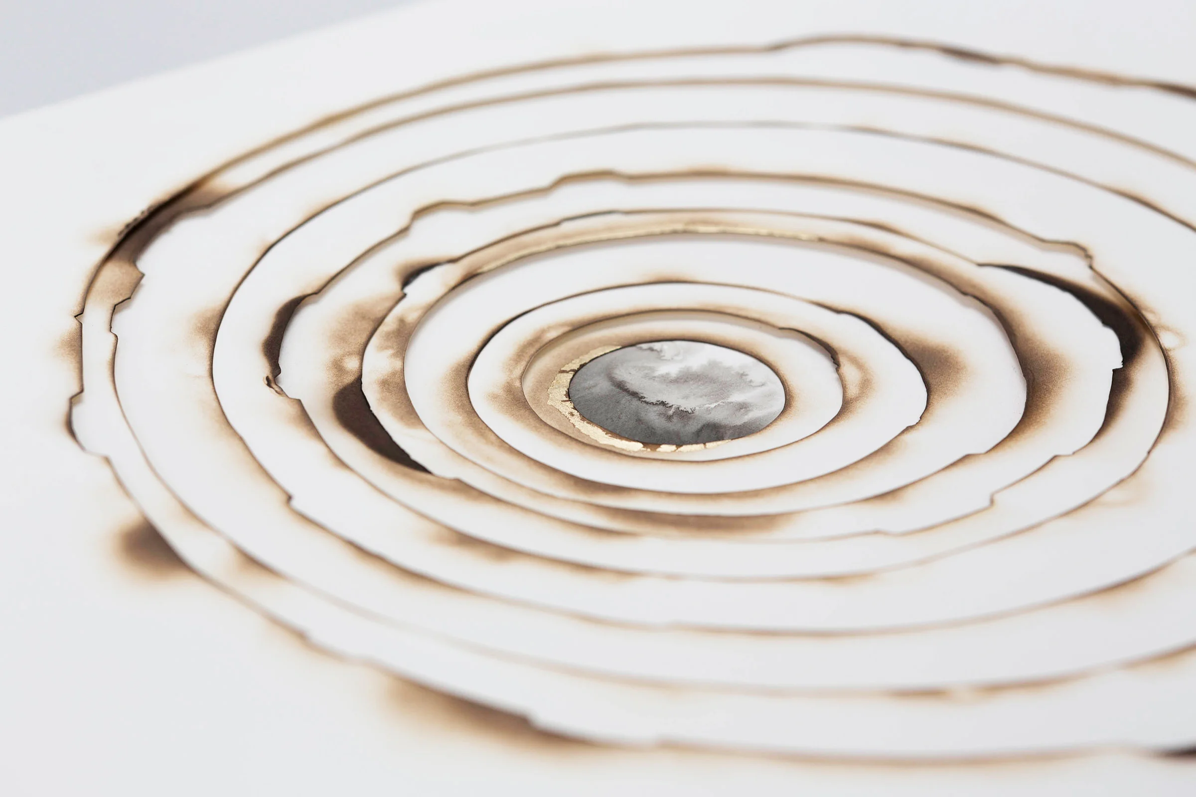 Kelly M. O'Brien, Playing With Fire No. 67 , detail. Paper, gold leaf, ink, flame. 40 x 28 x 1 inches. ©2017. Commissioned for Mt. Nicholson Show Flat, Hong Kong.