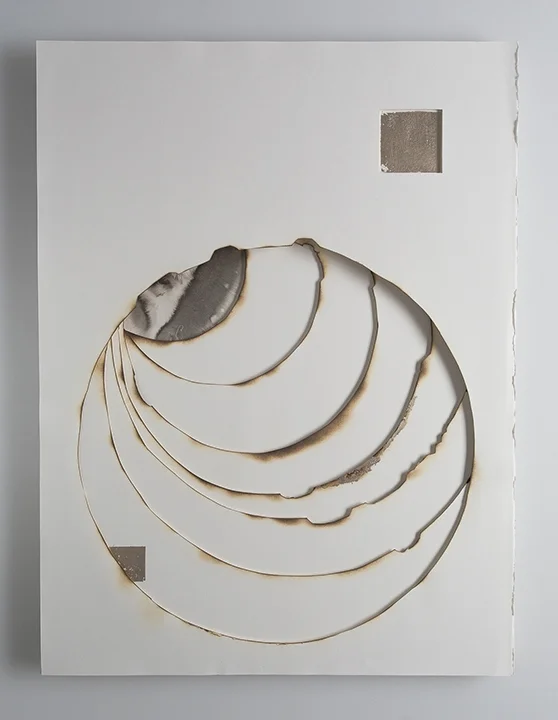 Kelly M. O'Brien, Playing With Fire No. 77. Paper, gold leaf, ink, flame. 32 x 24 x 1.5 inches. ©2018. Commissioned for The Phoenician, Scottsdale, Arizona.
