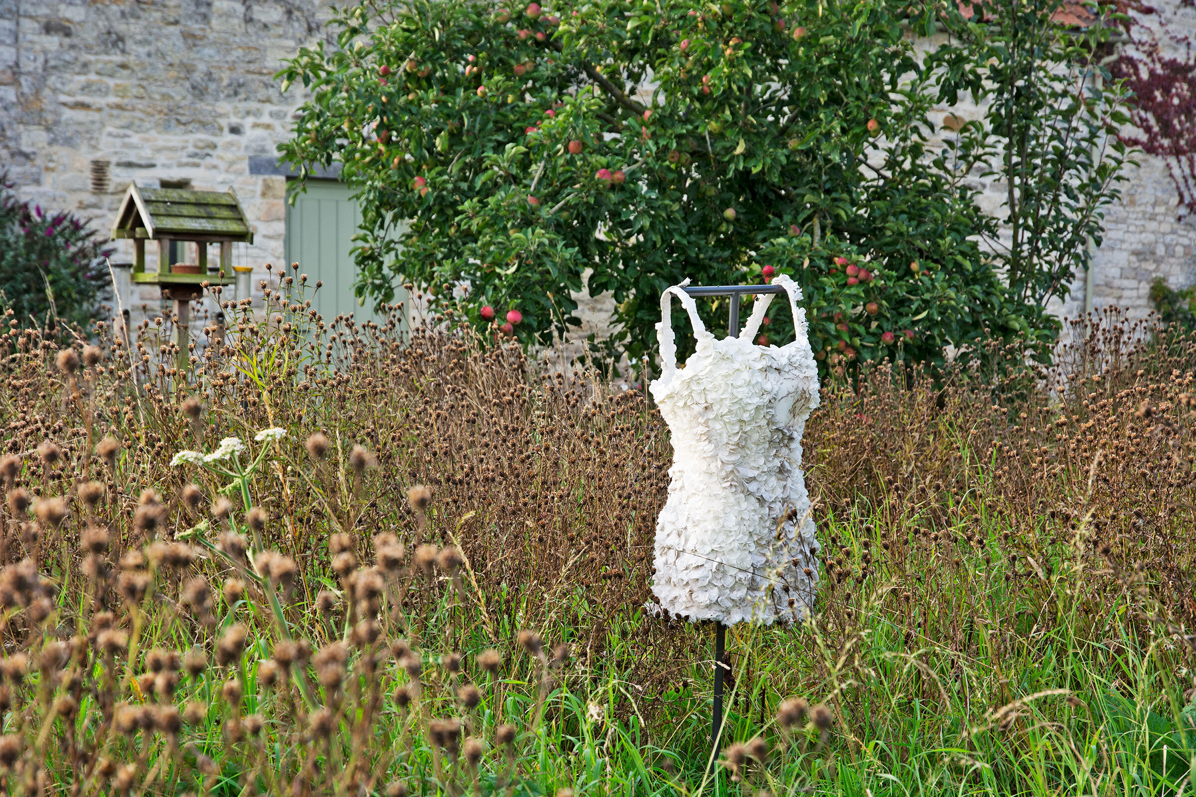  Kelly M O'Brien,  Meadow With Four Rooms . Paper, thread, transfer print on unfired clay, wire, painted steel. Dimensions variable. ©2012-2020 