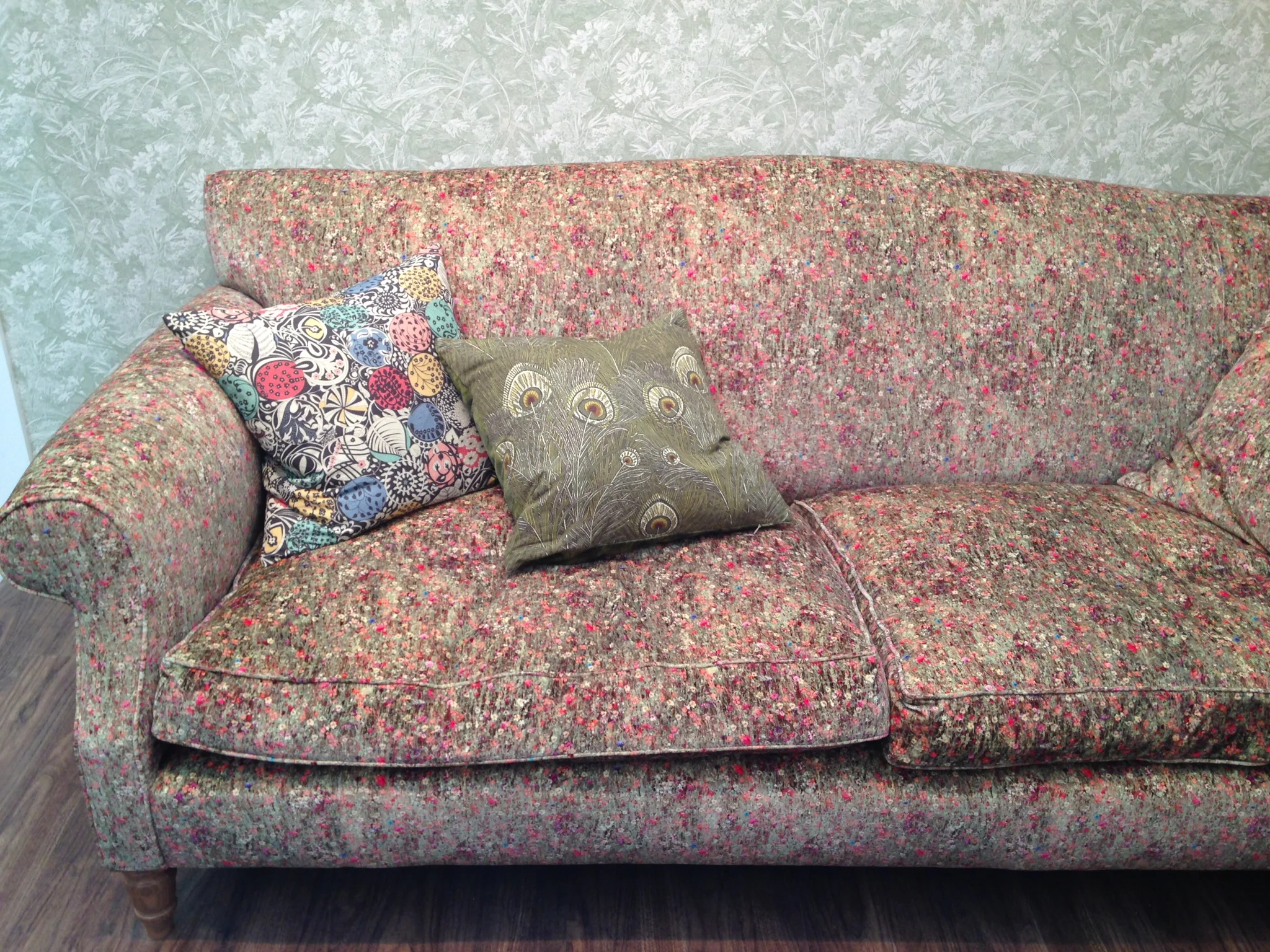 Liberty's 'Nesfield Collection' - their latest range of furnishing fabrics inspired by British landscape architect William Nesfield. The sofa is covered in Floral Mawston Meadow Cottom Velvet in Velvet Pollen. 