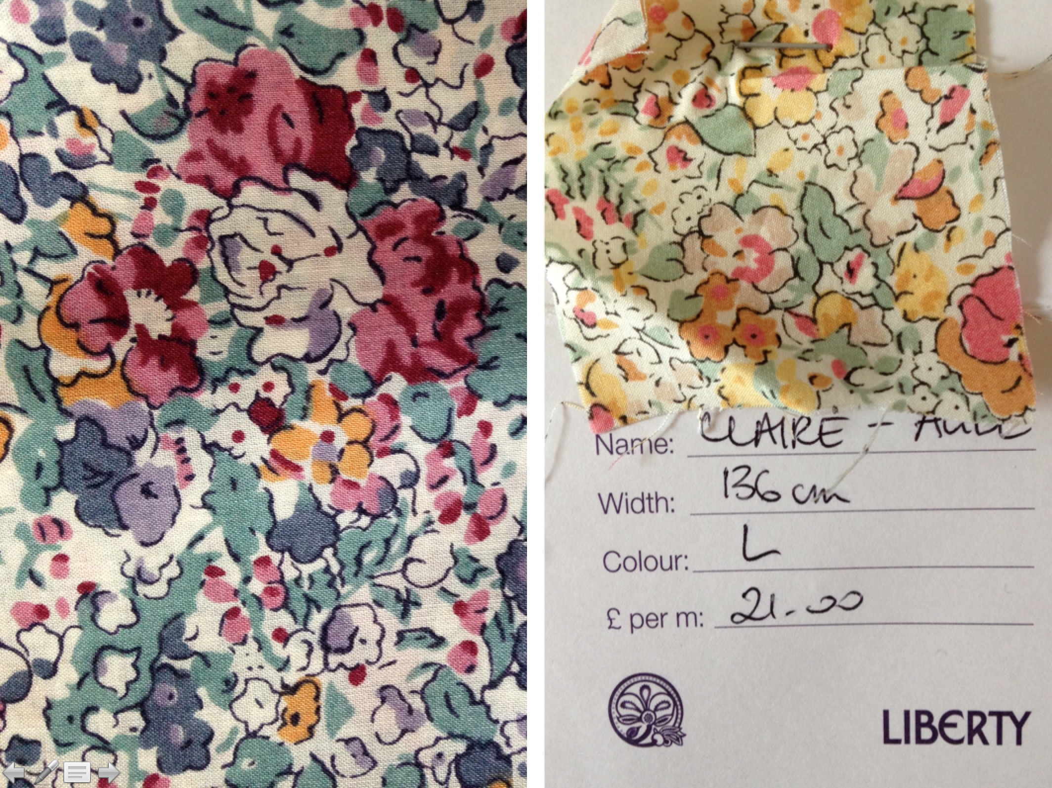 On the right is the Liberty Tana Lawn Claire-Aude fabric 'L' that Laura used. I recently used the same fabric in violet tones for a client's daughter's room.