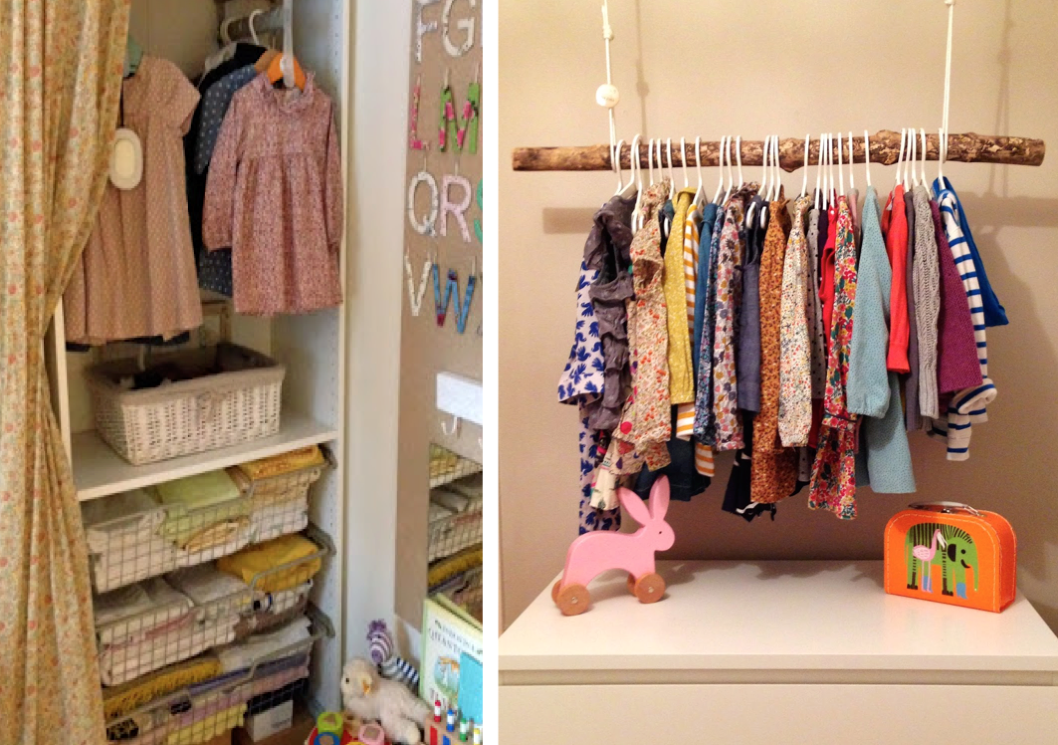 Detail of Greta's cupboard, and her friend Coco's original hanging space created by her mother Sarah Tomczak, editor of Red. For a small but beautiful hanging space, find a branch and hang it up with cord! They can use it for fancy dress costumes when they are older. 