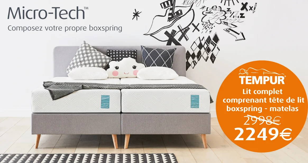 Profitez de notre offre Tempur sur un lit complet comprenant la tête de lit boxspring et le matelas! 2249 euros.